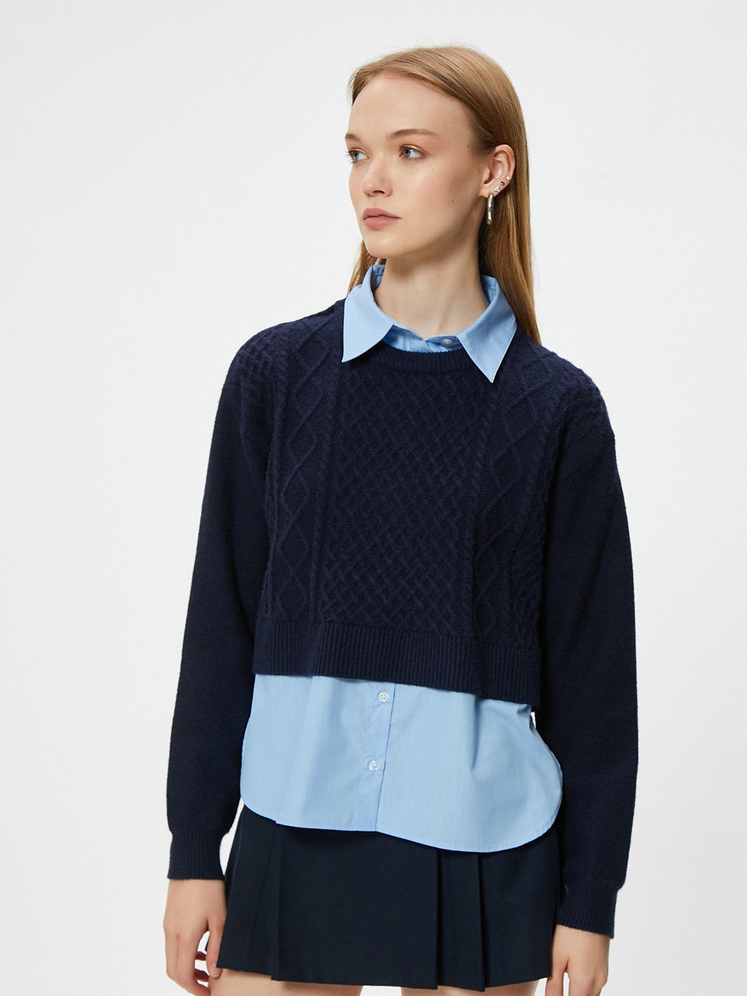 

Koton Women Ribbed Crop Pullover, Navy blue