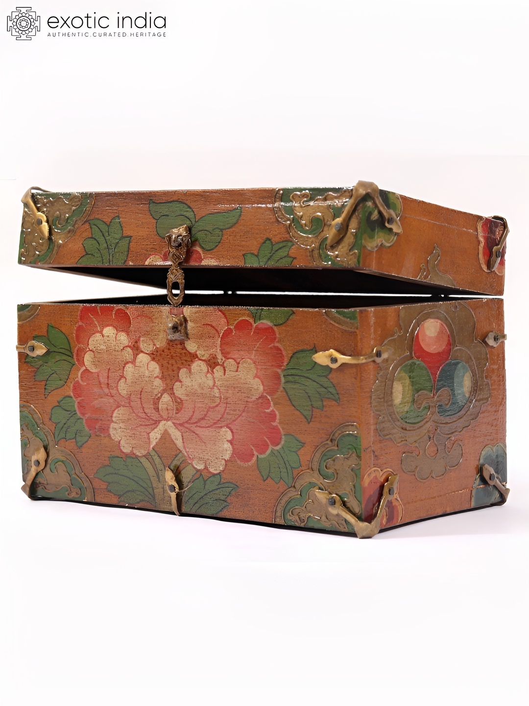 

Exotic India 9" Wooden Tibetan Buddhist Handpainted Storage Box, Brown