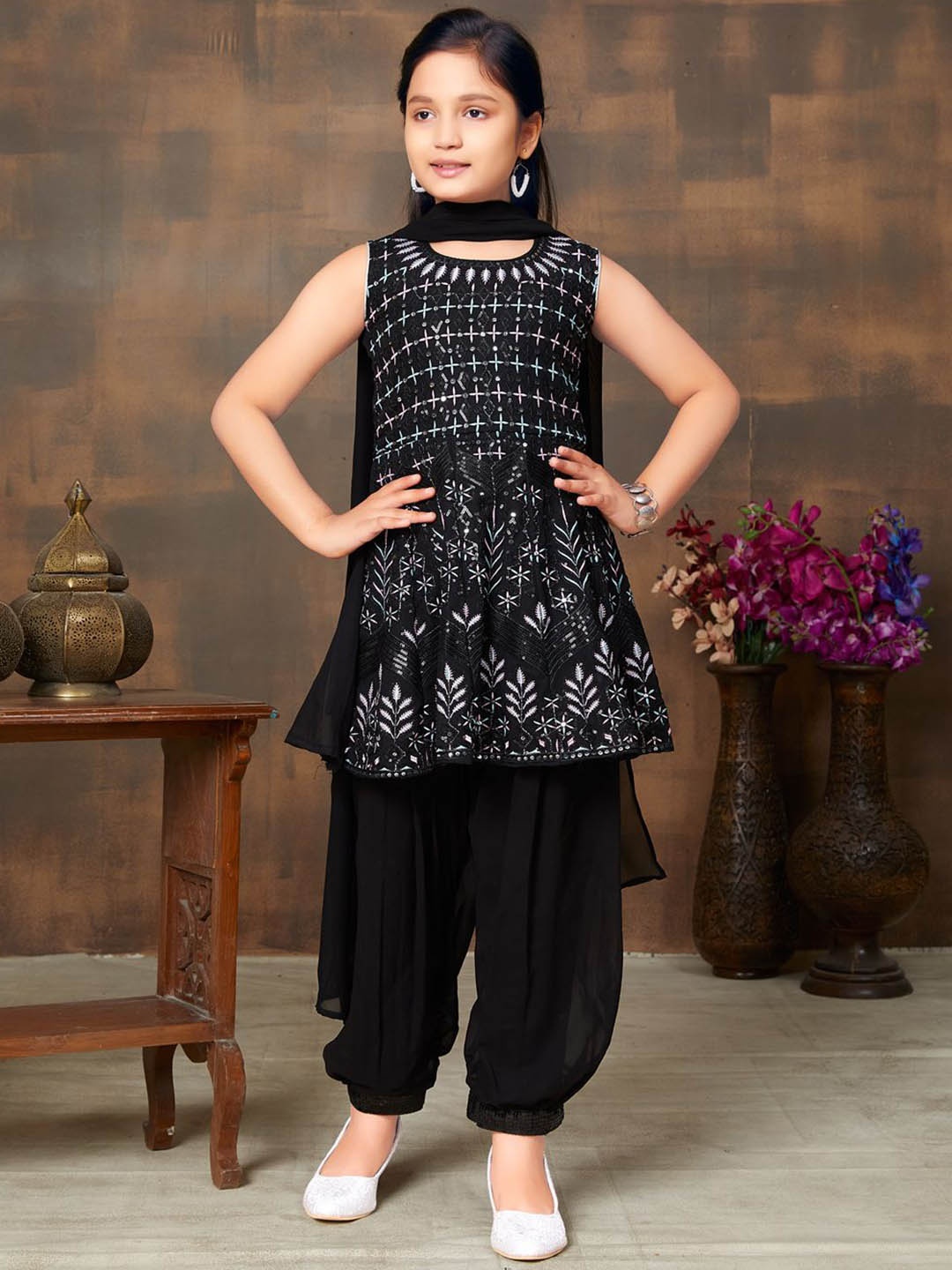 

BAESD Girls Floral Embroidered Beads and Stones Georgette A-Line Kurti & Patiala & Dupatta, Black