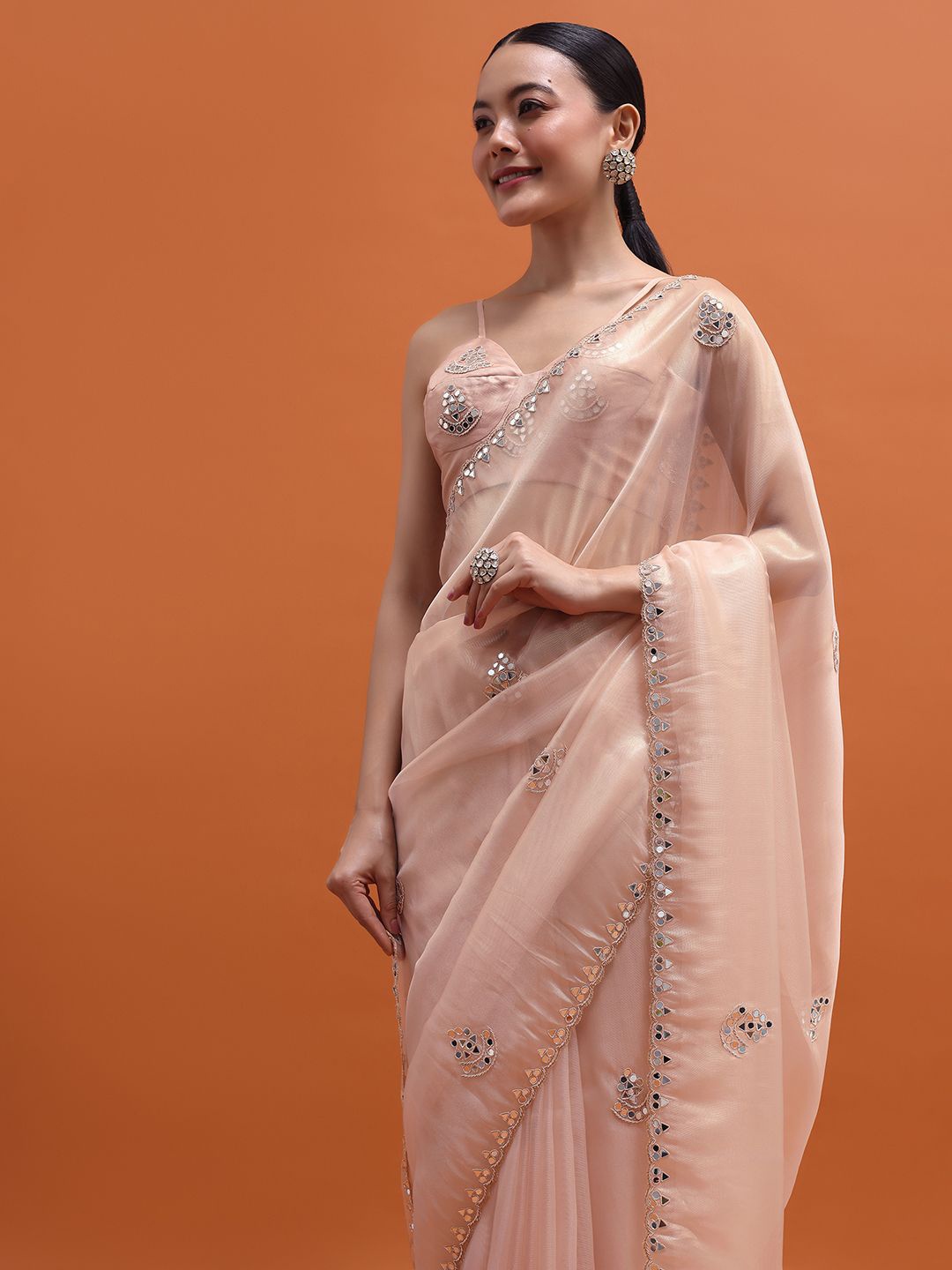 

KALKI Fashion Embroidered Ethnic Motifs Mirror Work Tissue Saree, Peach