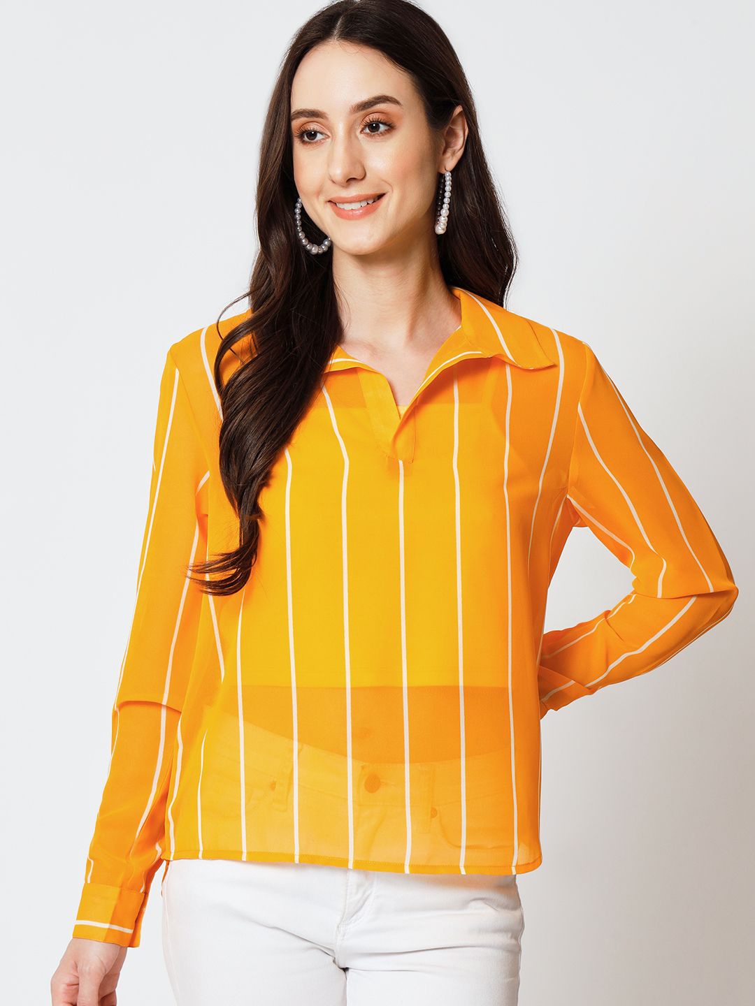 

Yaadleen Women Striped Shirt Collar Top, Yellow