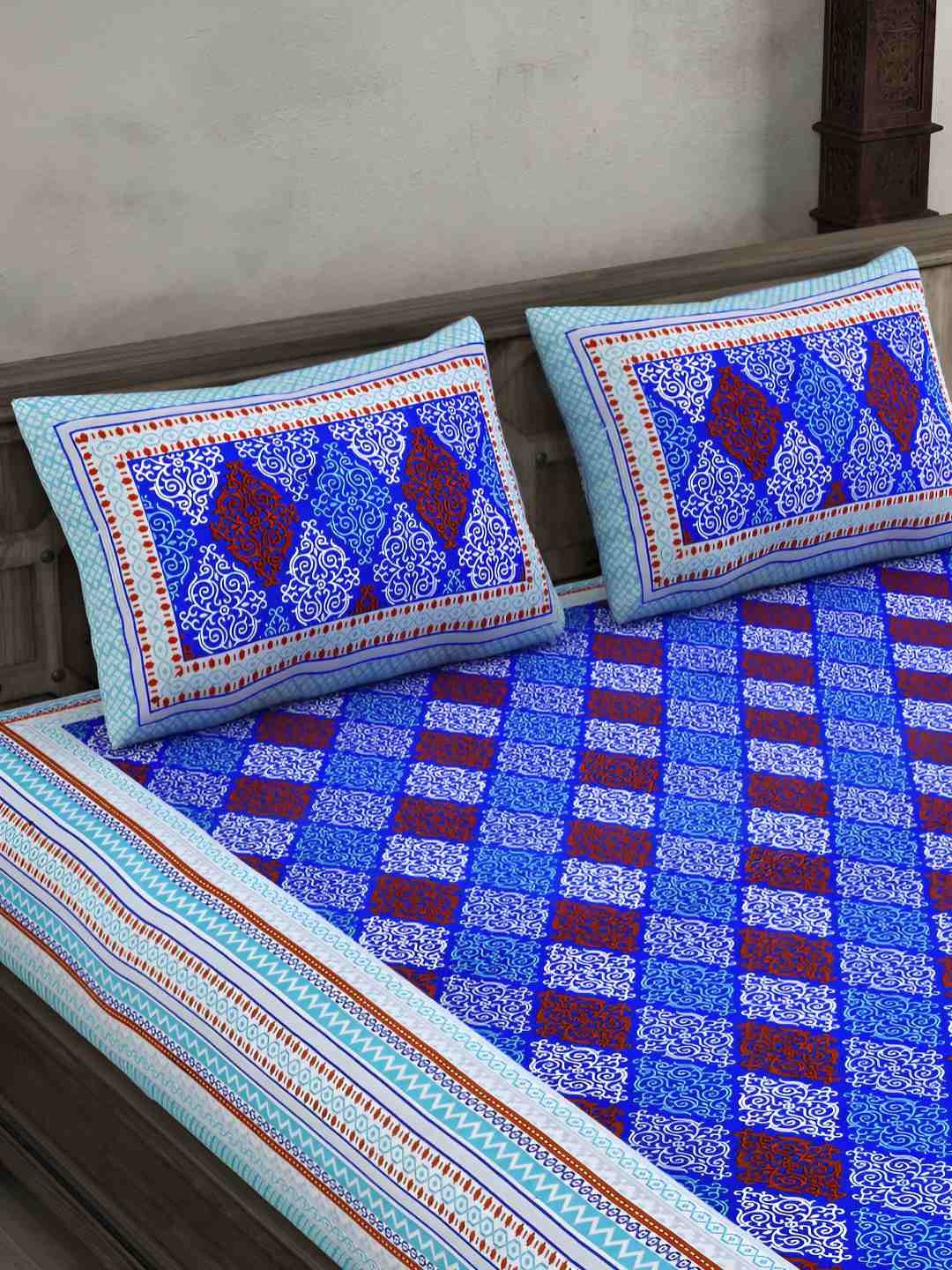 

BED-SHEET.COM Blue Pure Cotton Ethnic Motifs 144 TC King Bedsheet with 2 Pillow Covers