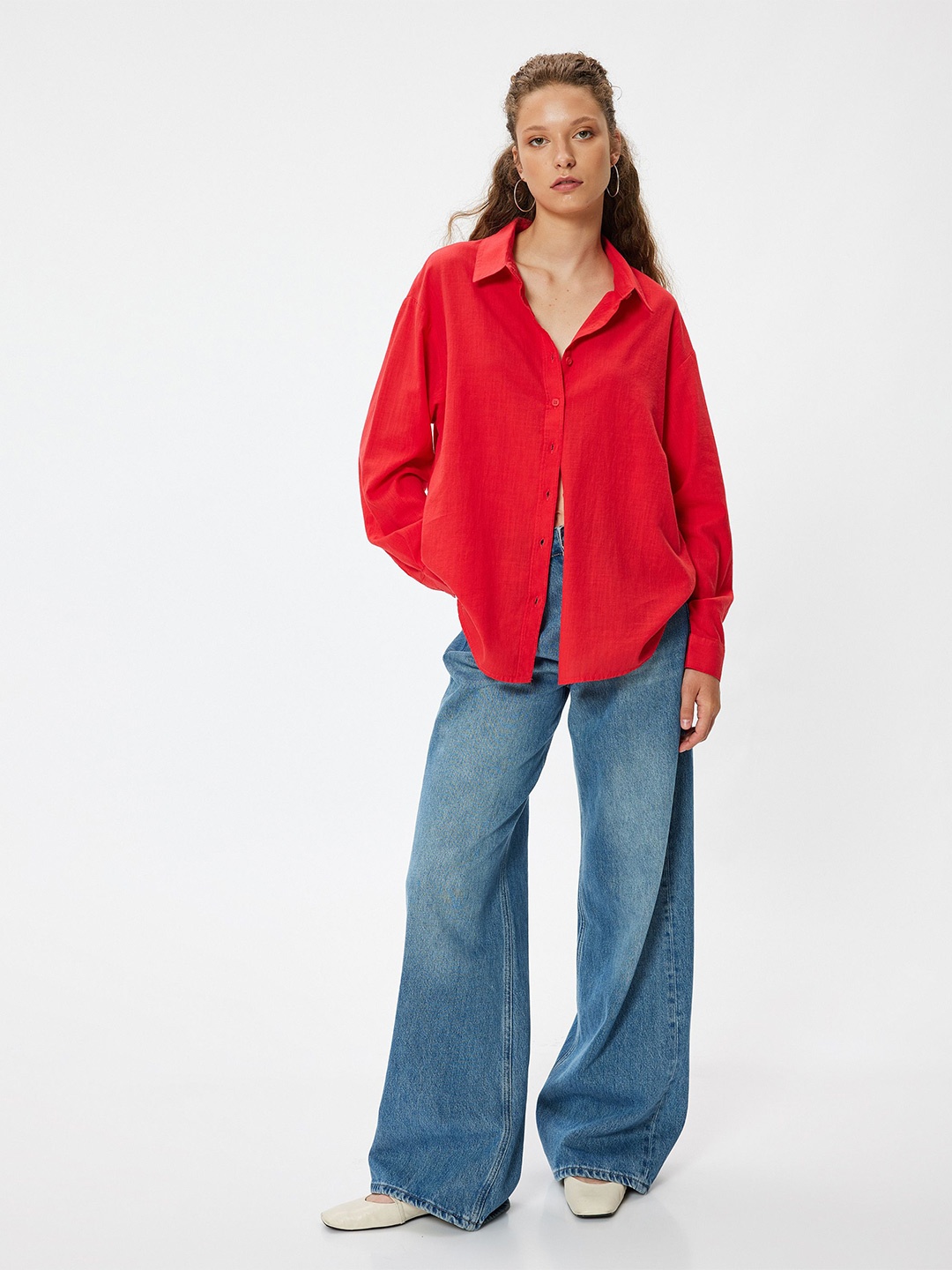 

Koton Women Spread Collar Solid Cotton Casual Shirt, Red