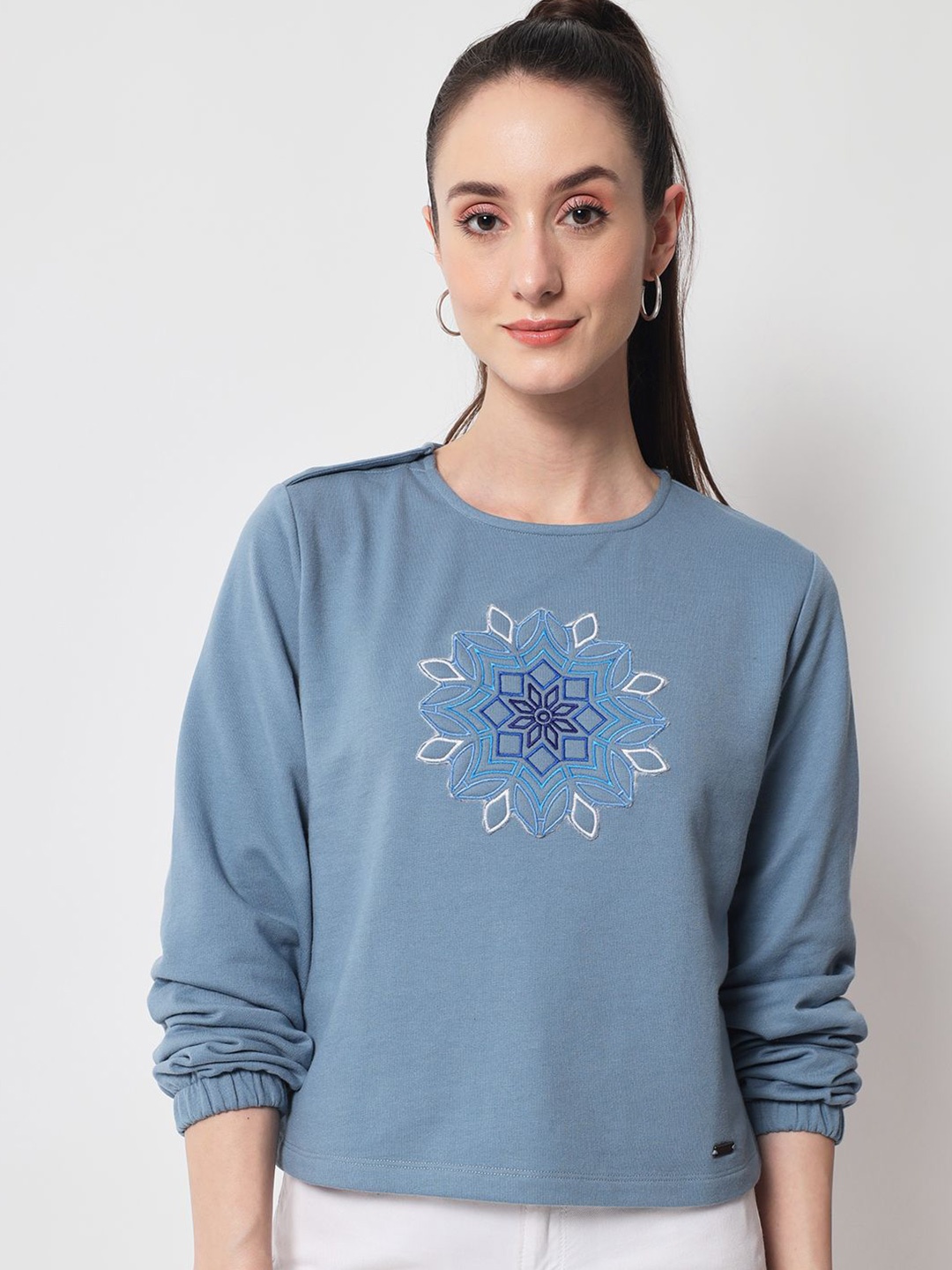 

Yaadleen Women Floral Printed Embroidered Round Neck Cotton Top, Blue