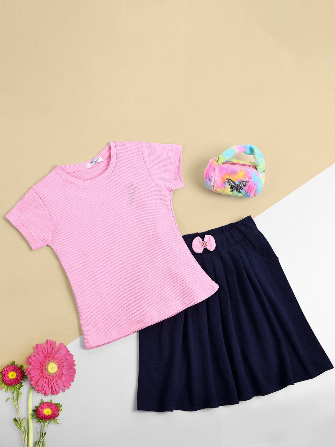 

DALSI Girls Embellished T-shirt With Skirt, Pink