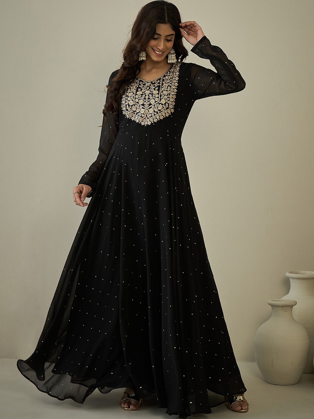 

Inddus Embroidered Midi-Length Anarkali Ethnic Dresses, Black