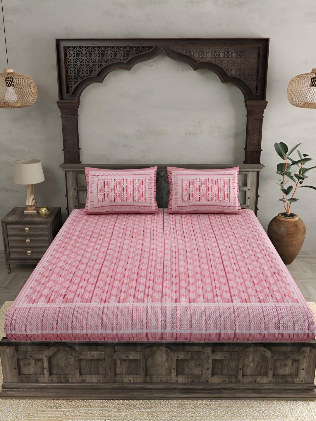 

BED-SHEET.COM Pink Pure Cotton Floral 144 TC King Bedsheet with 2 Pillow Covers