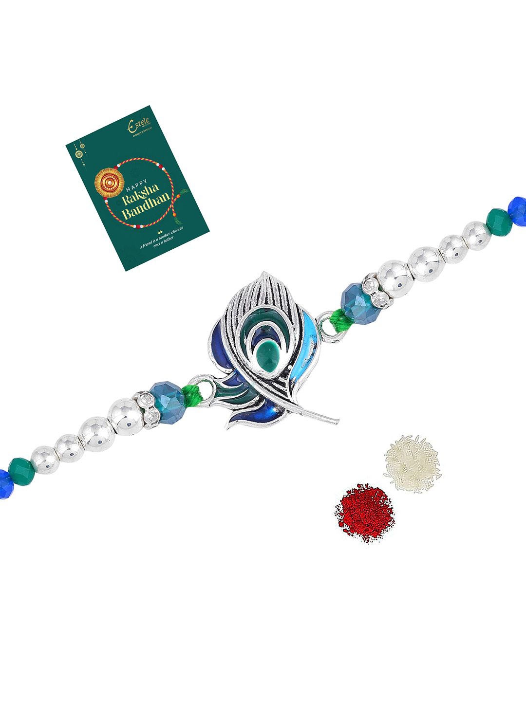 

Estele Rhodium Plated Beaded Rakhi With Roli Chawal & Greeting Card, Silver