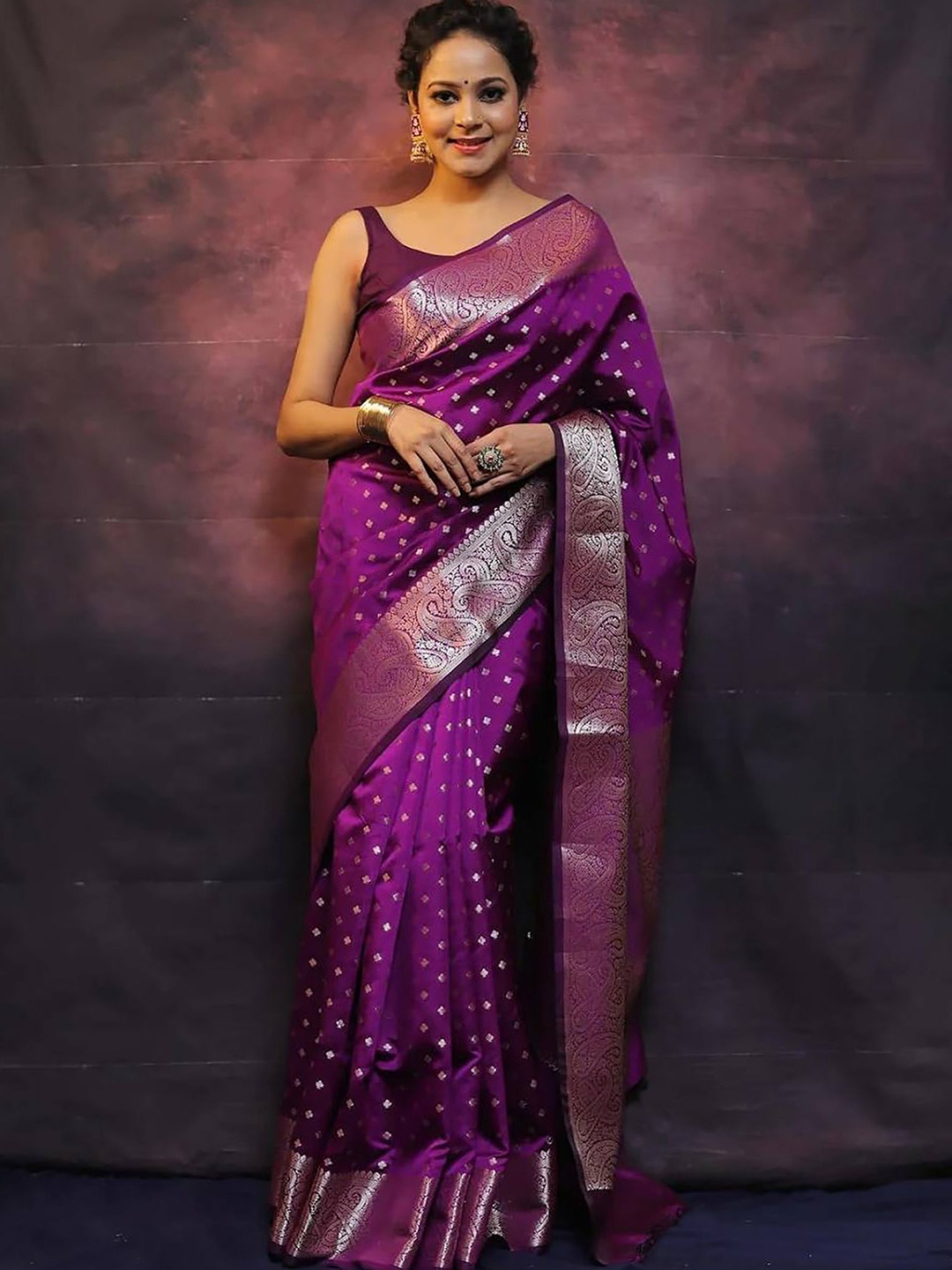 

Anjaneya Sarees Ethnic Motifs Zari Silk Blend Banarasi Purple Saree