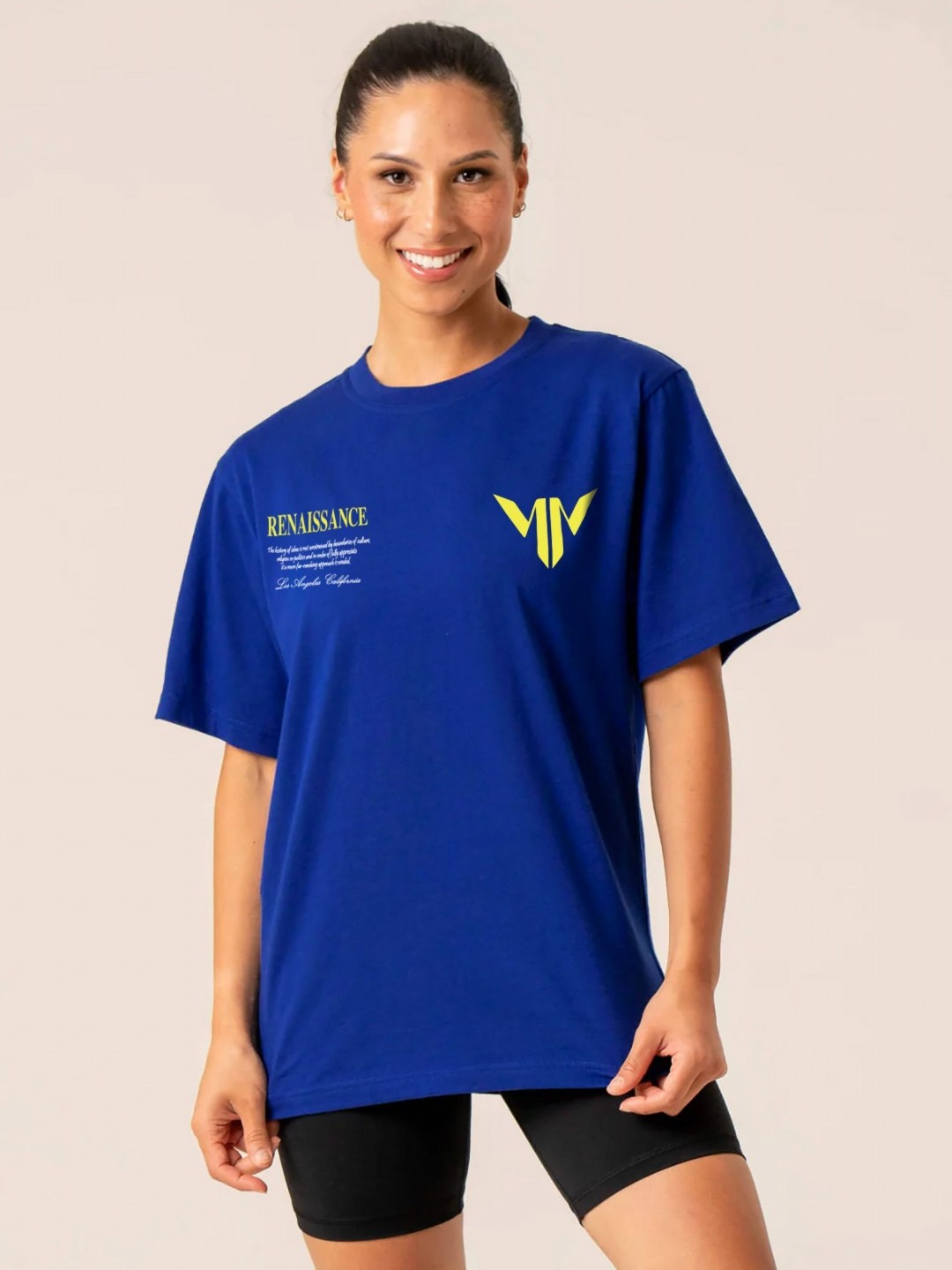 

MISCHIEF MONKEY Women Solid Round Neck Cotton Oversized T-Shirt, Blue