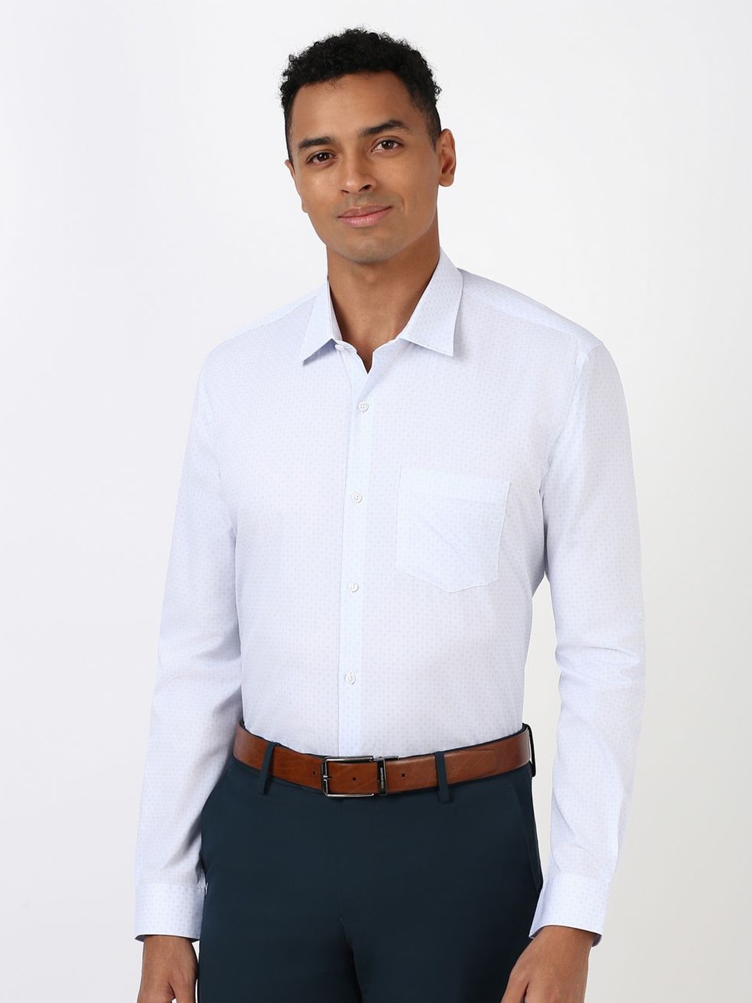 

Peter England Men Spread Collar Micro Ditsy Printed Cotton Formal Shirt, Blue