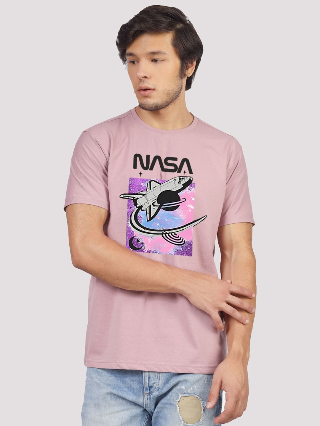 

Greylongg Men Graphic Printed Round Neck Cotton T-Shirt, Peach