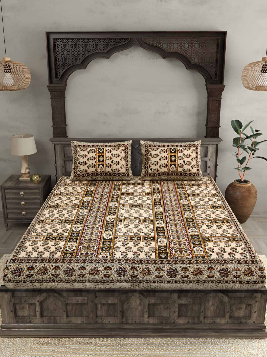 

BED-SHEET.COM Brown Pure Cotton Ethnic Motifs 144 TC King Bedsheet with 2 Pillow Covers