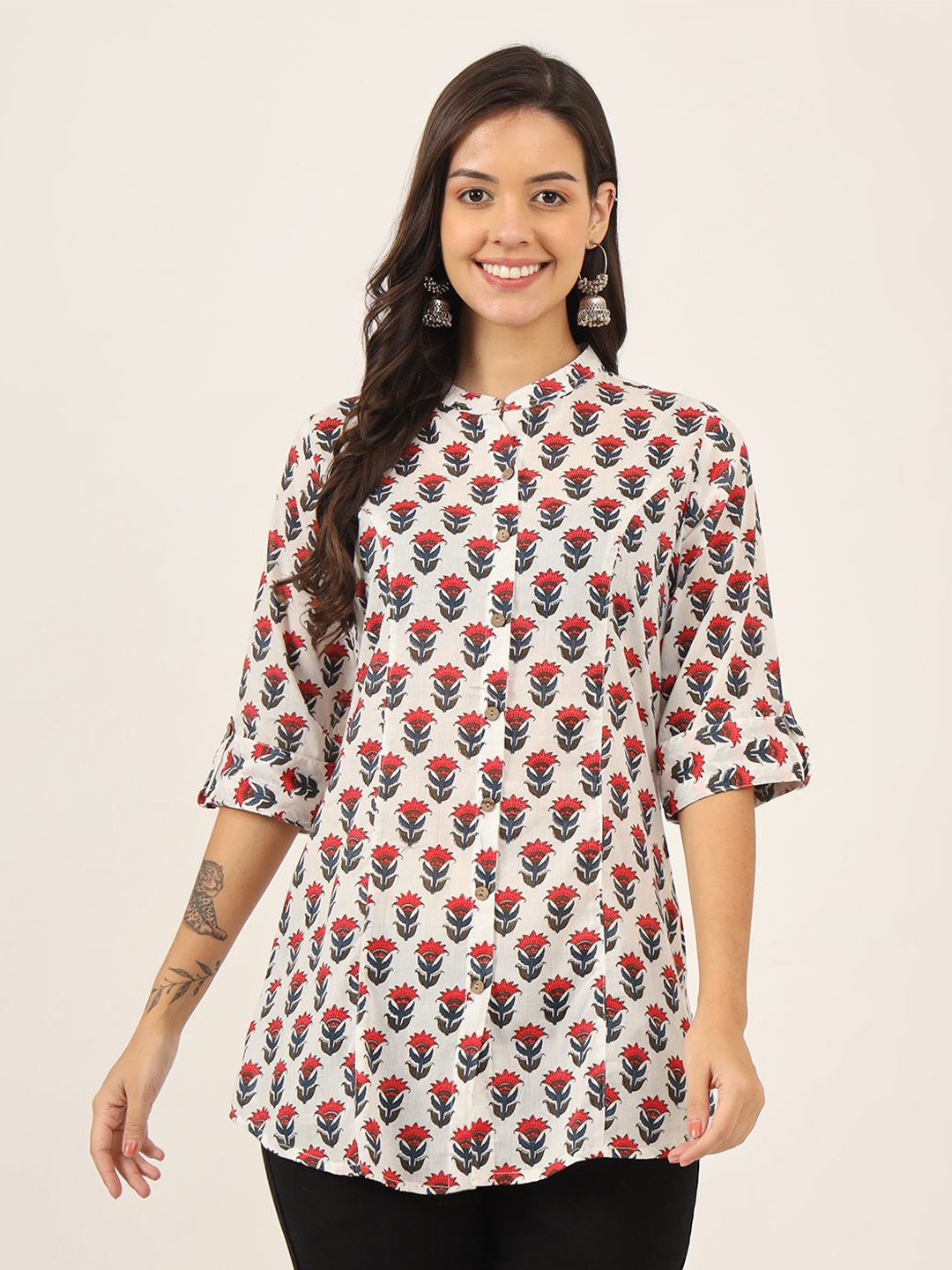 

KALINI Women Floral Printed Mandarin Collar Cotton Top, White