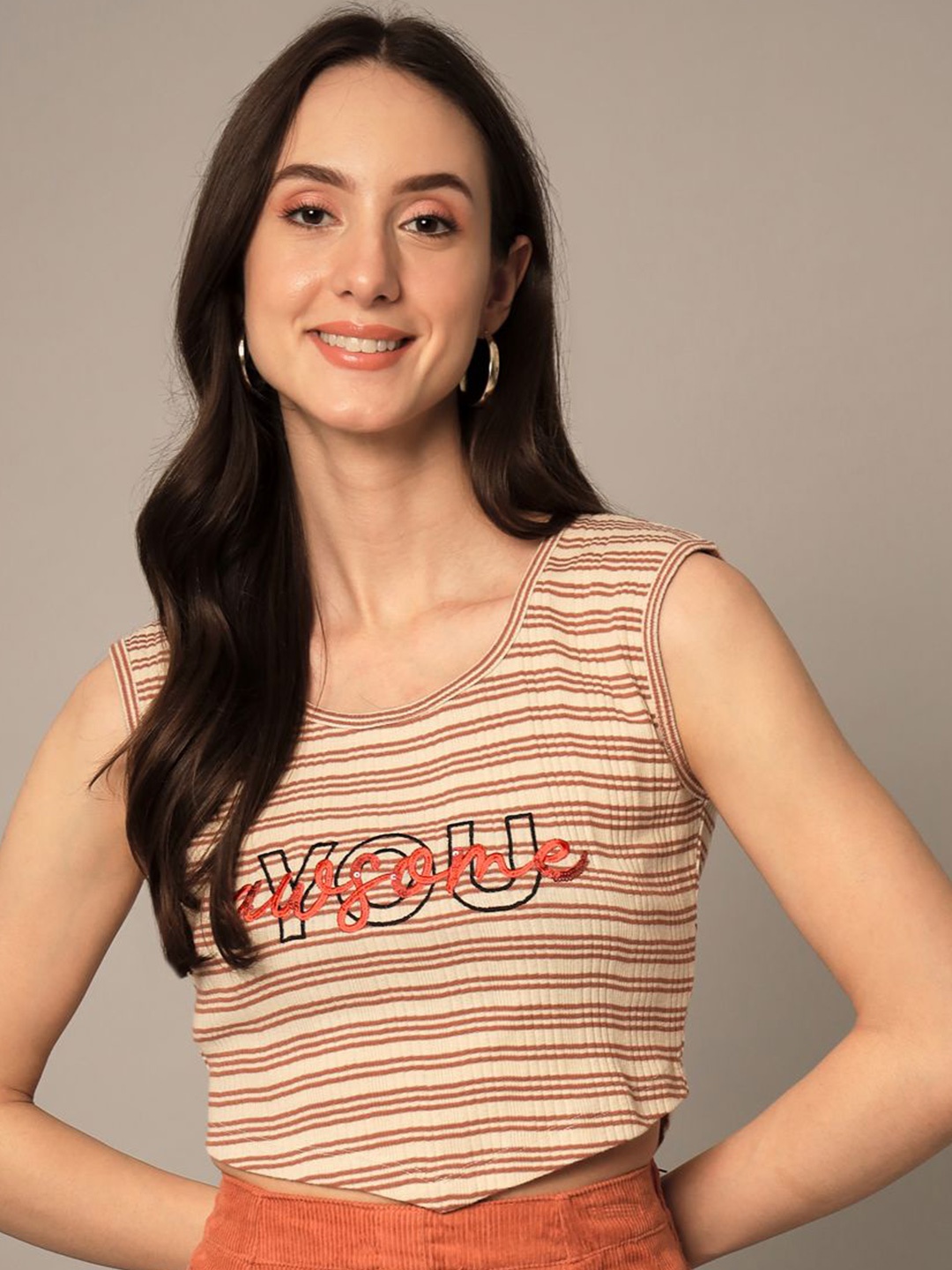 

Yaadleen Women Striped Round Neck Pure Cotton Top, Beige