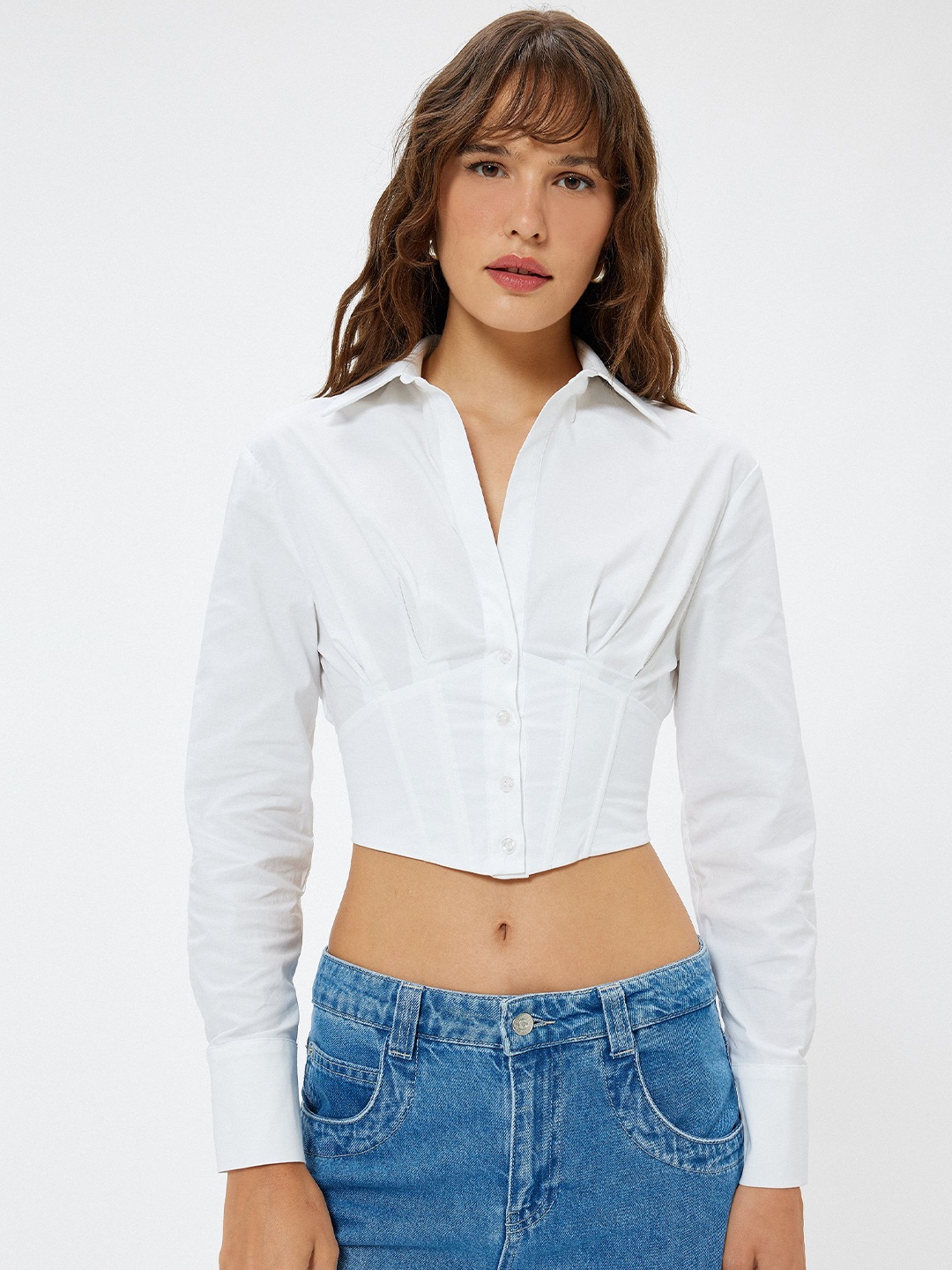 

Koton Women Spread Collar Solid Cotton Slim Fit Casual Shirt, Off white