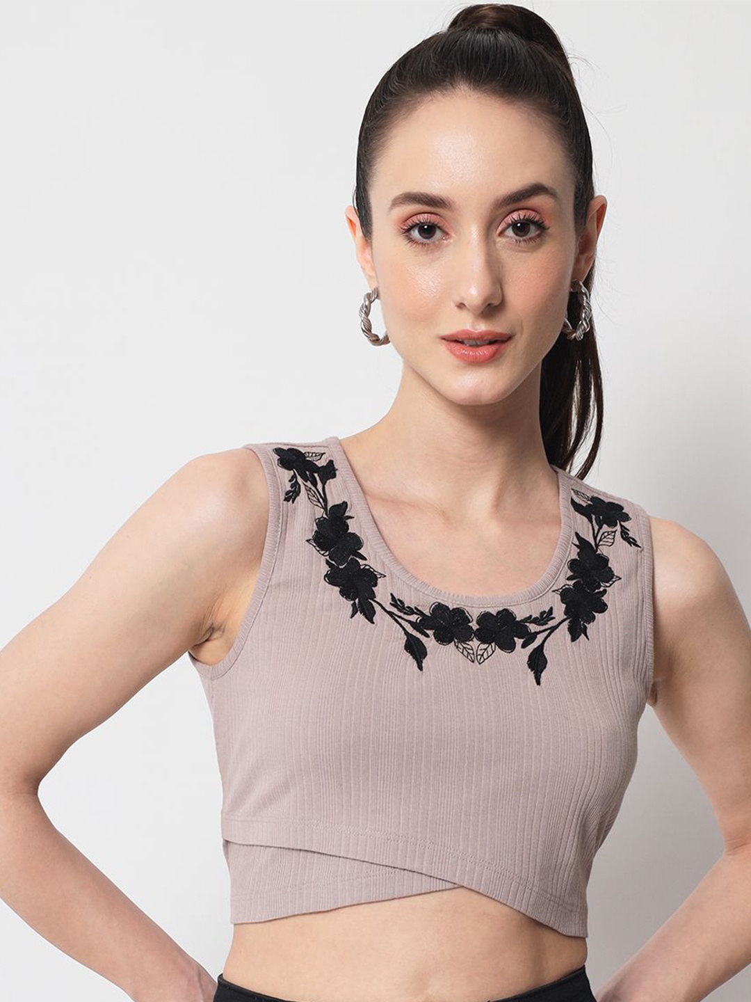 

Yaadleen Women Floral Printed Embroidered Round Neck Pure Cotton Top, Mauve