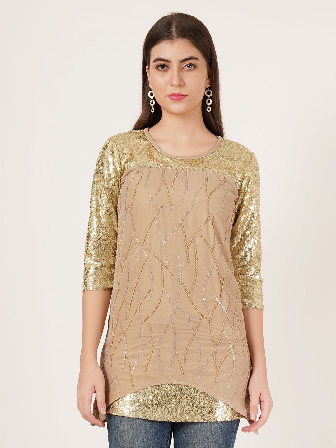 

Karmic Vision Women Embellished Round Neck Top, Gold