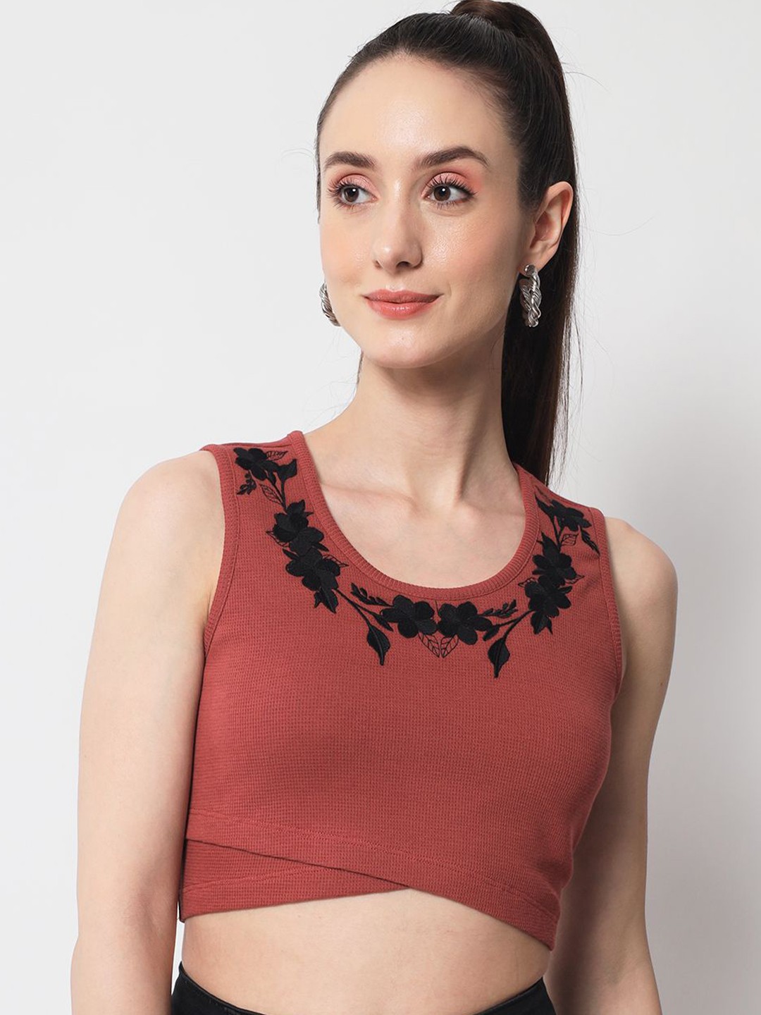 

Yaadleen Women Floral Printed Embroidered Round Neck Pure Cotton Top, Brown