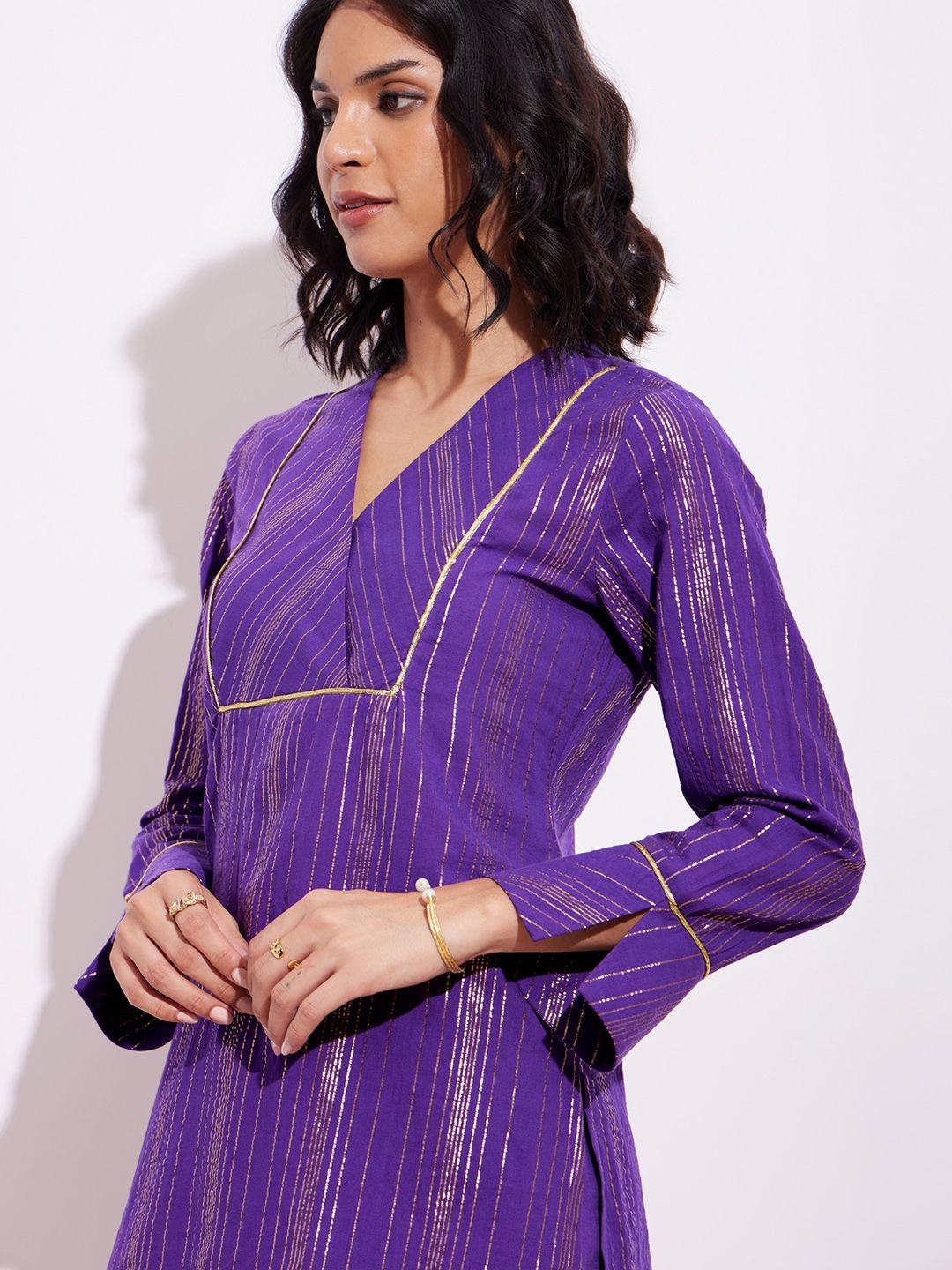 

Pink Fort Striped V-Neck Pure Cotton Tunic With Trousers, Purple