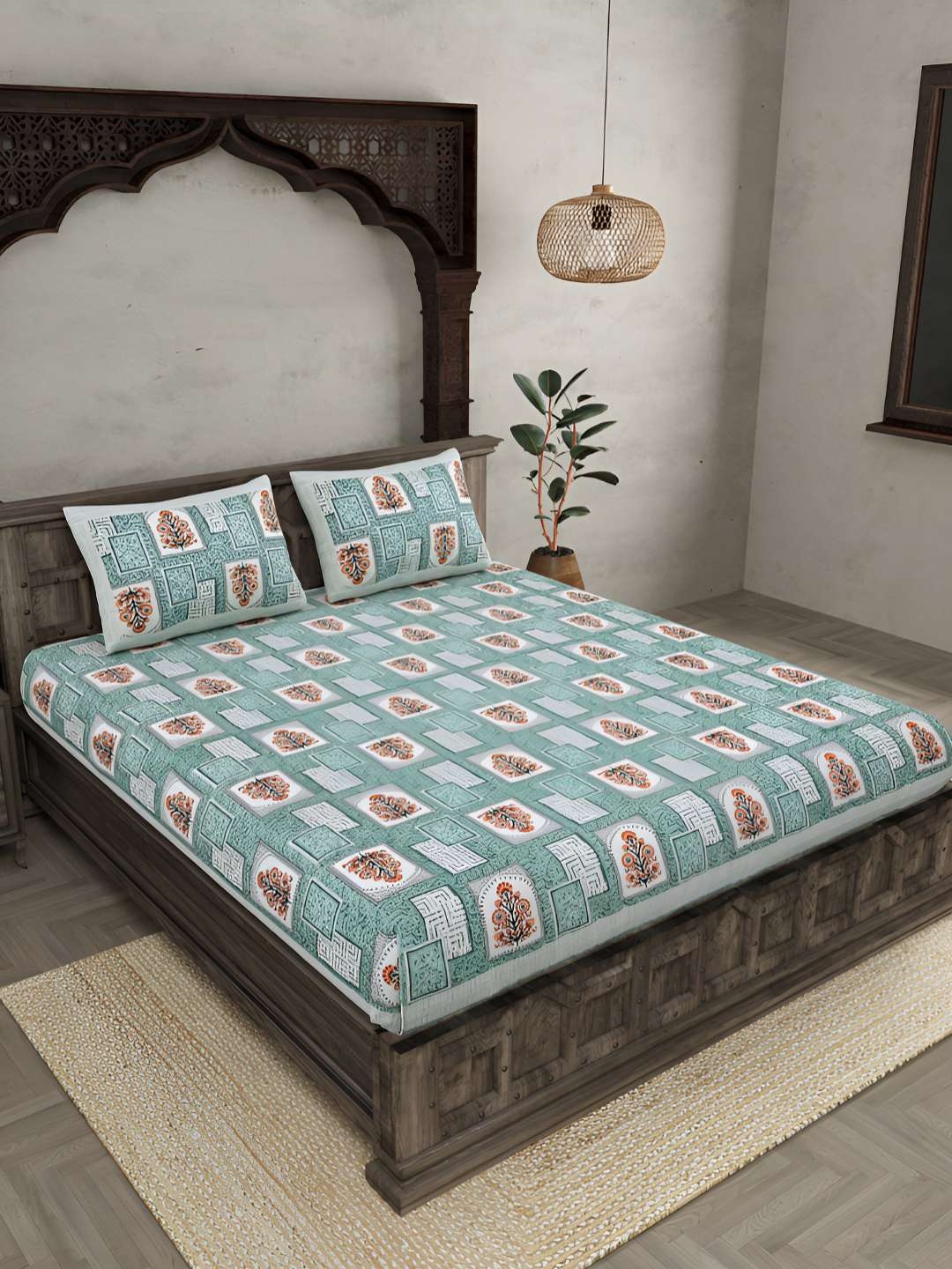 

BED-SHEET.COM Green Pure Cotton Ethnic Motifs 144 TC King Bedsheet with 2 Pillow Covers