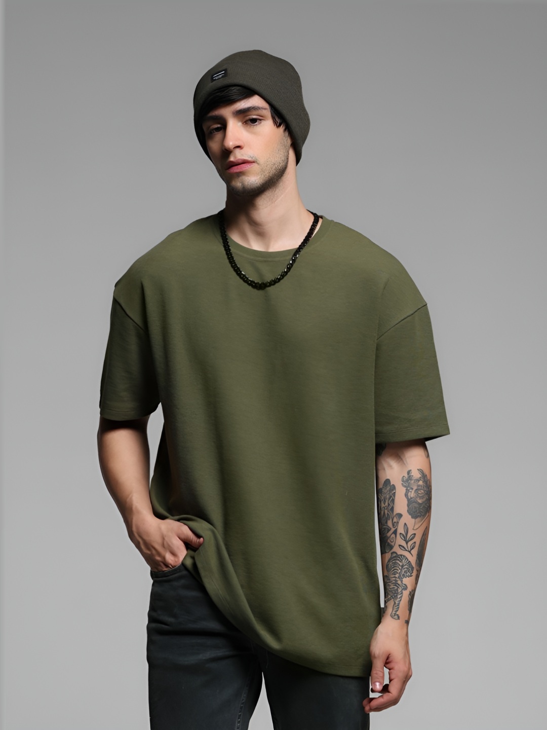 

Jack & Jones Men Solid Round Neck Cotton Oversized T-Shirt, Green
