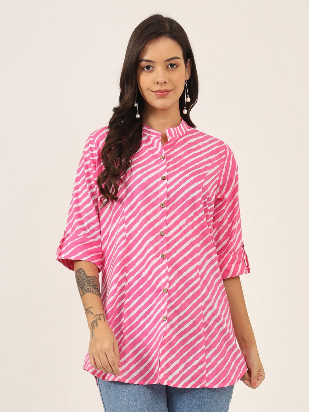 

KALINI Women Striped Mandarin Collar Cotton Top, Pink