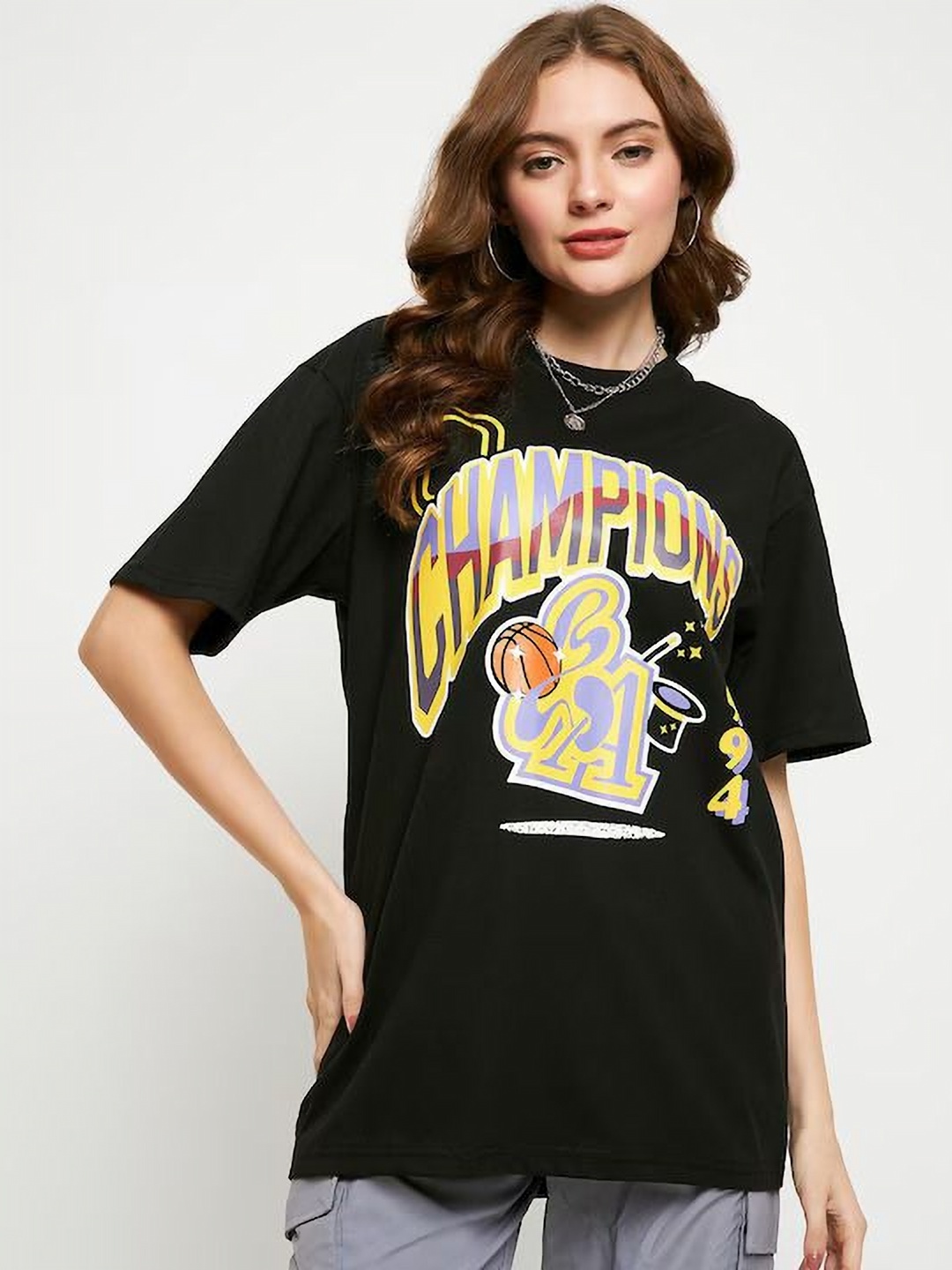 

Skidlers Women Typography Printed Round Neck Cotton Oversized T-Shirt, Black