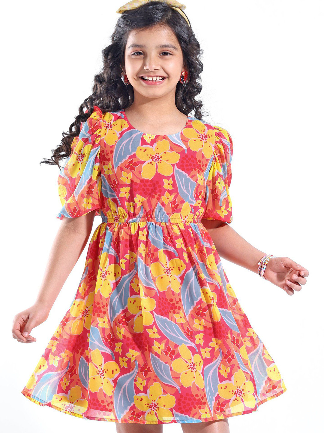 

Hola Bonita Girls Puff Sleeve Fit & Flare Floral Dress, Coral