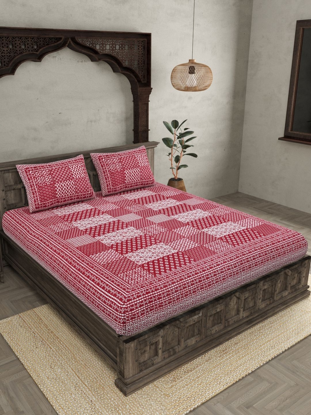 

JAIPUR FABRIC Pink & White Geometric 144 TC Pure Cotton King Bedsheet with 2 Pillow Covers