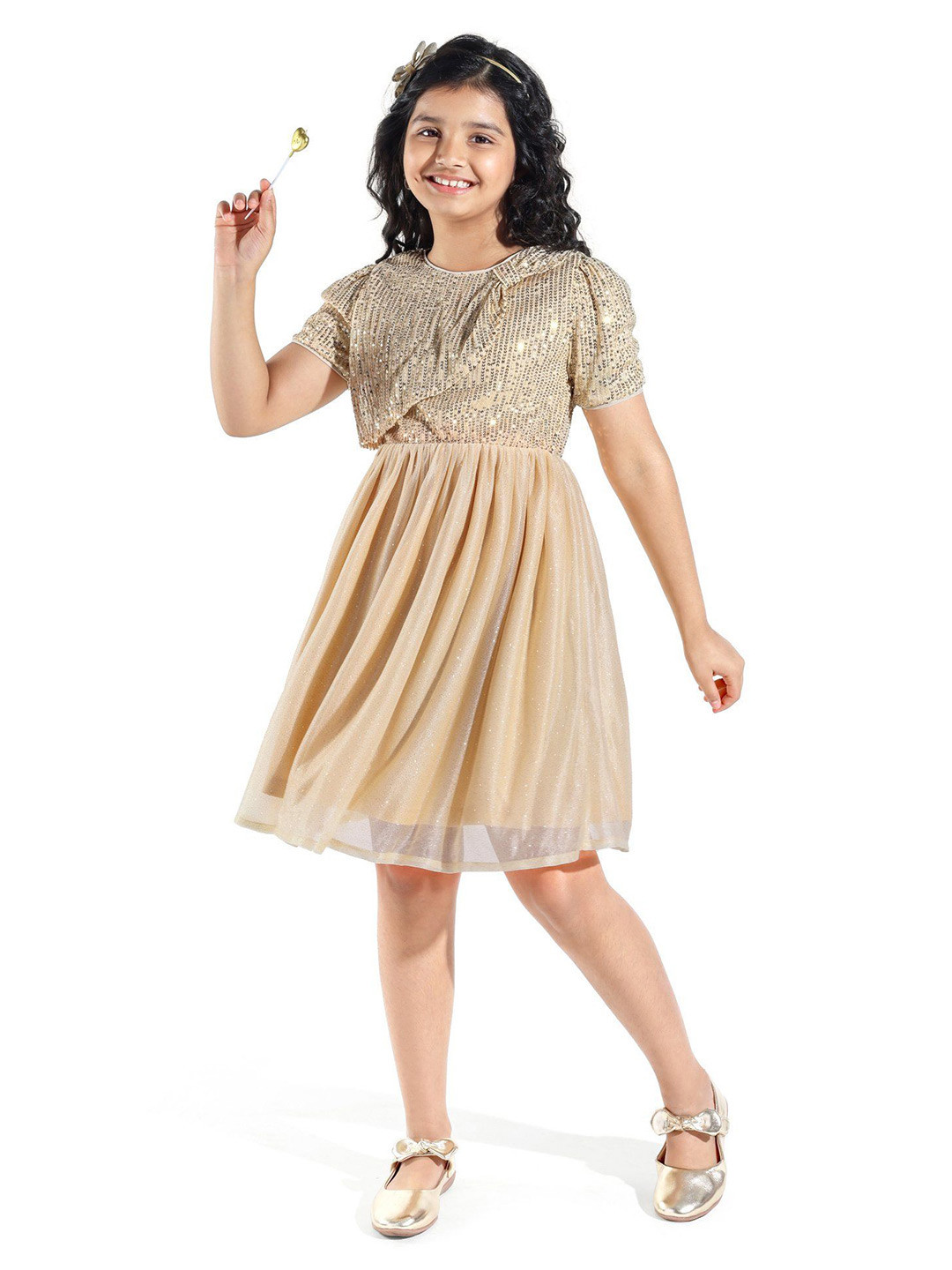 

Hola Bonita Girls Embellished Net Fit and Flare Dress, Cream