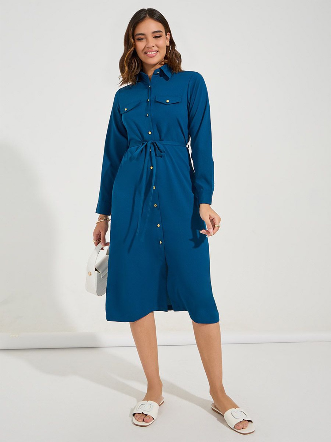 

Styli Women Shirt Collar Solid Shirt Midi Dress With Tie Up Belt, Blue