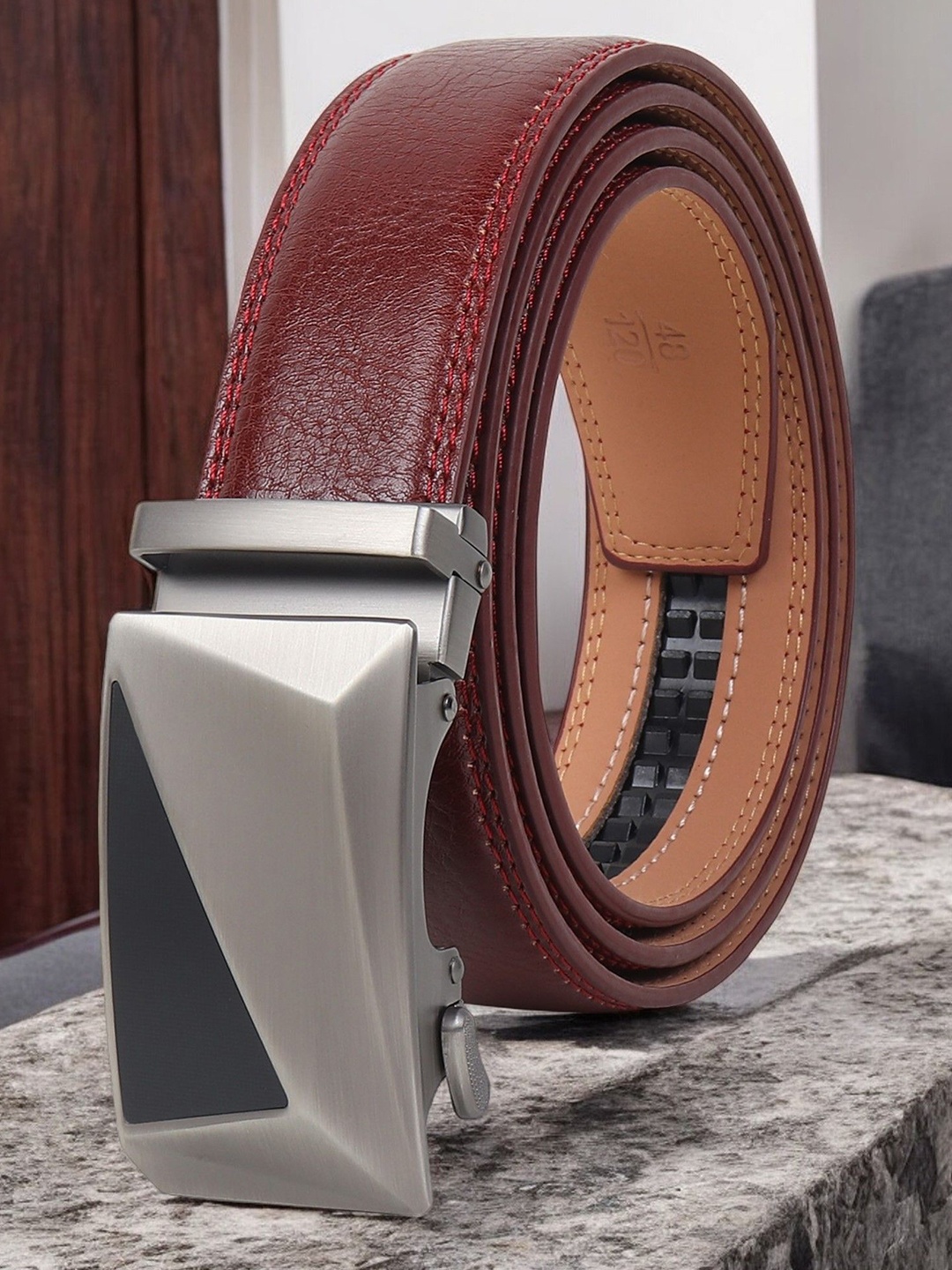 

INVICTUS Men Slider Buckle Closure Textured Casual Belt, Red