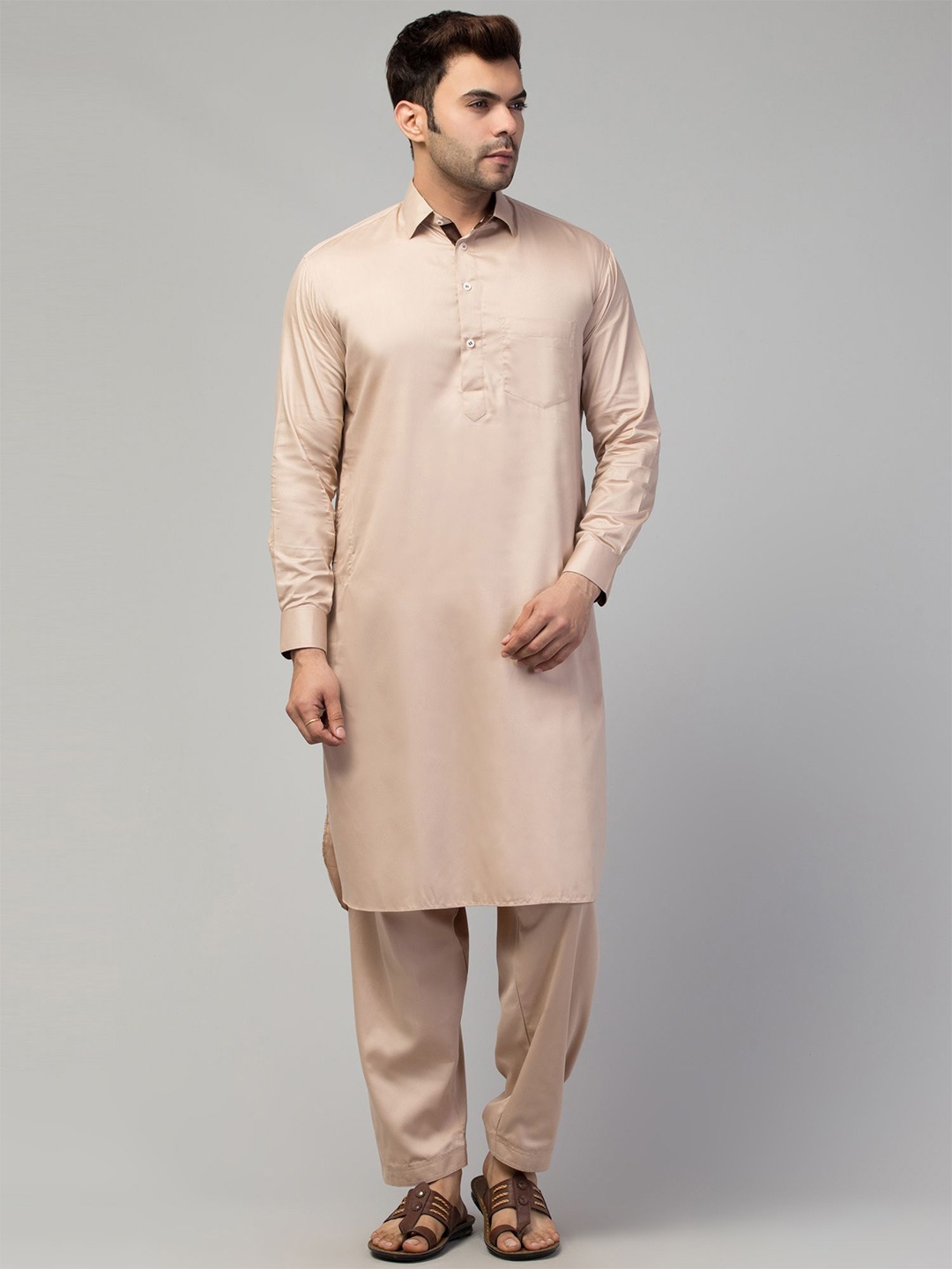 

MUSHKIYA Shirt Collar Regular Pure Cotton Pathani Kurta With Salwar, Beige
