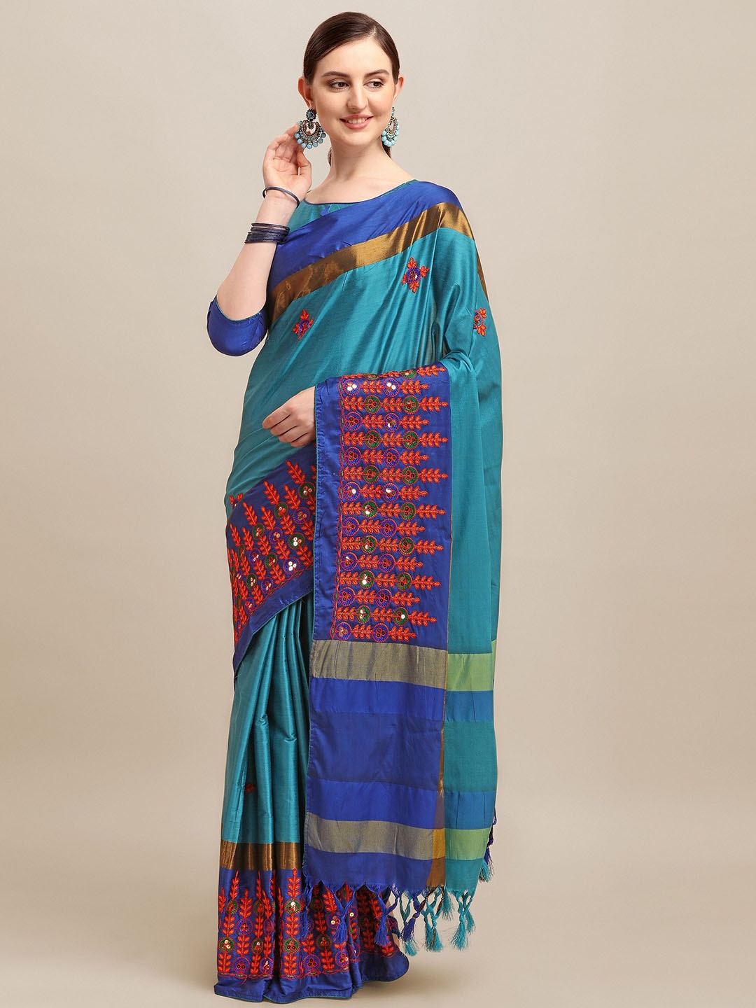 

KALINI Floral Embroidered Silk Cotton Saree, Turquoise blue