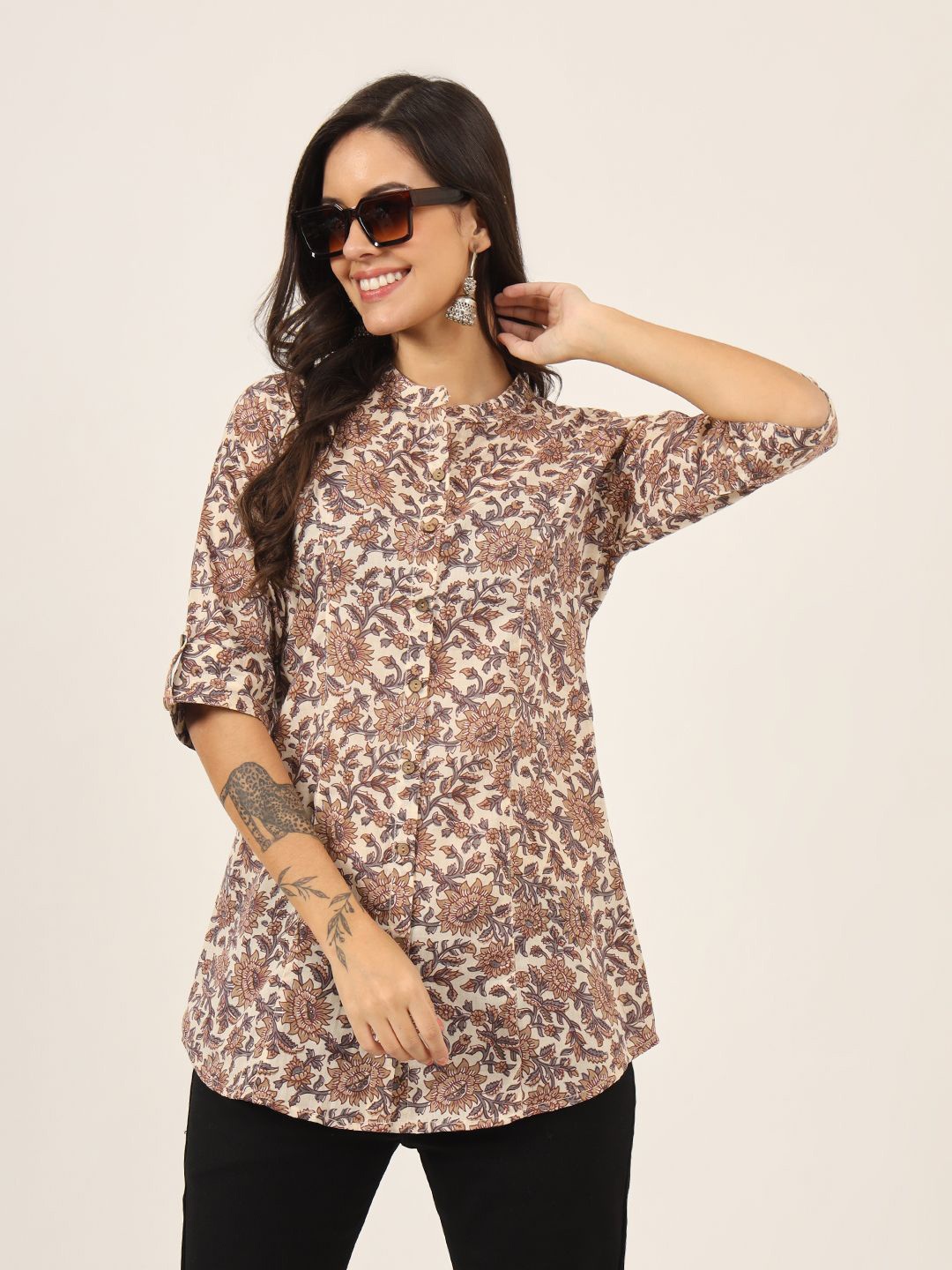 

KALINI Women Floral Printed Mandarin Collar Cotton Top, White