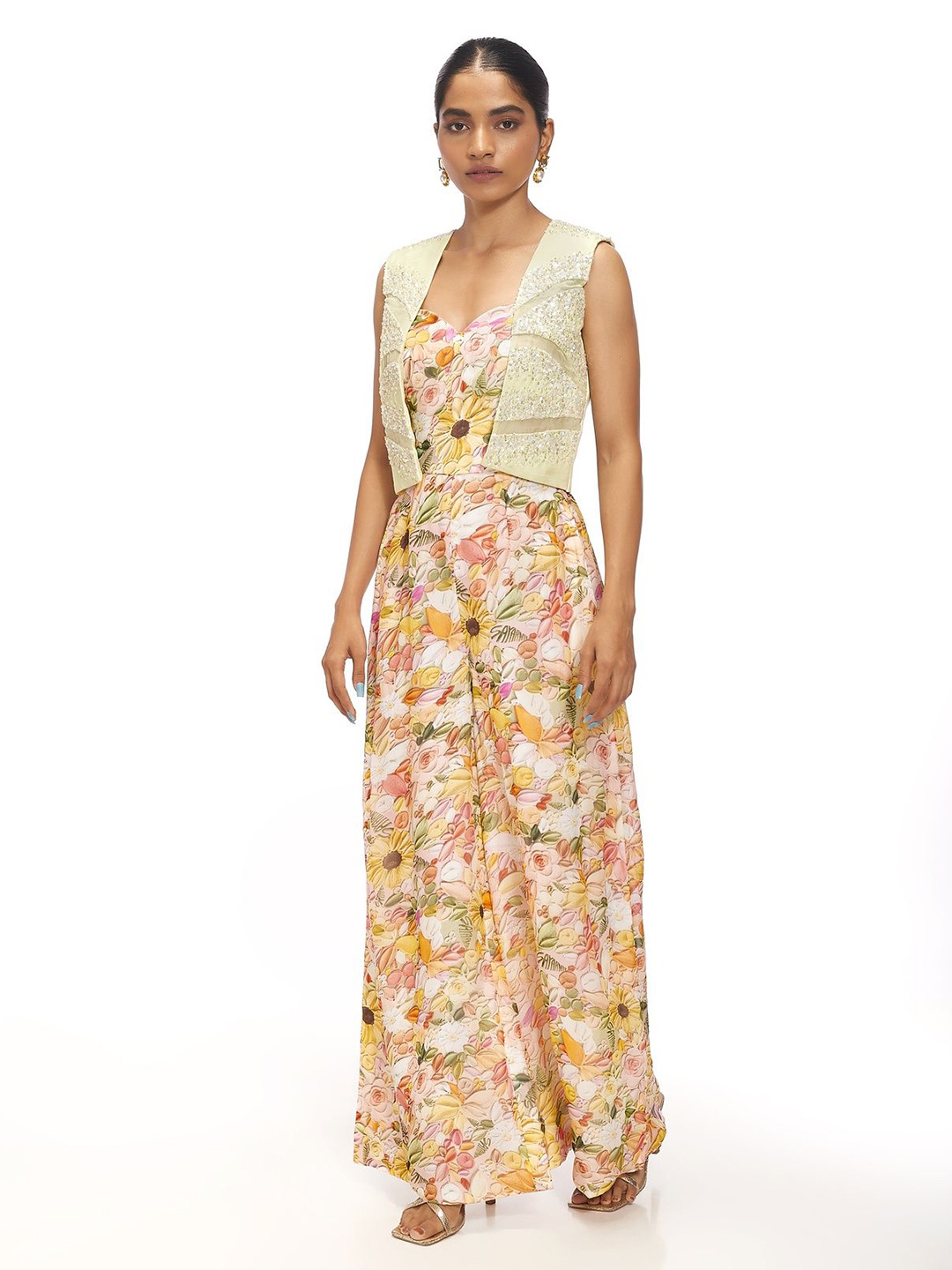 

Sayaanika Printed Basic Jumpsuit with Embellished Shurg, Yellow