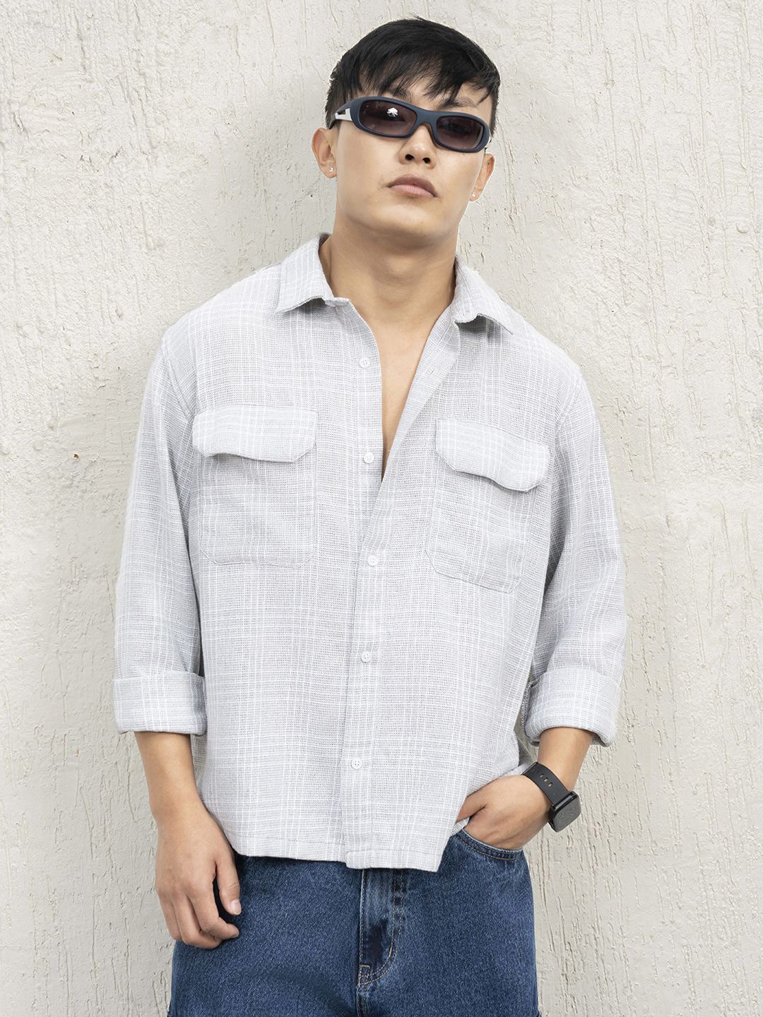 

Hubberholme Men Standard Spread Collar Checked Cotton Oversized Casual Shirt, Off white