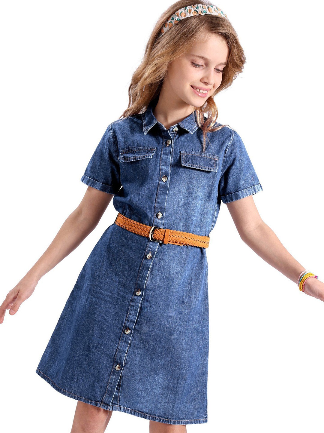 

Hola Bonita Girls Half Sleeve Denim Knee Length Shirt Dress, Blue