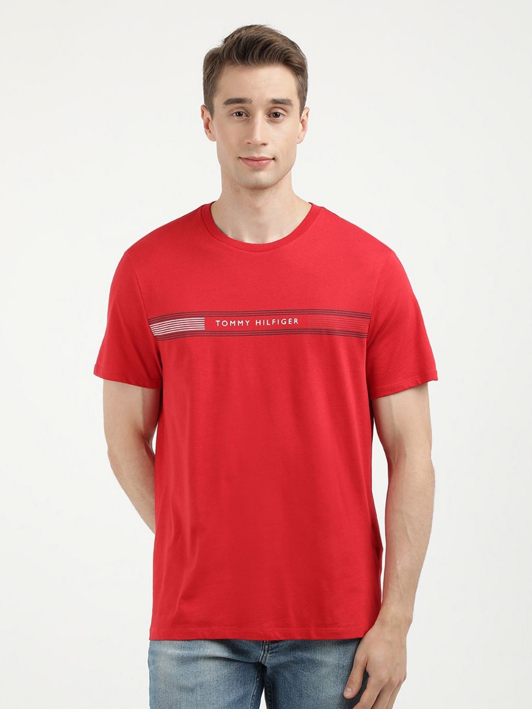 

Tommy Hilfiger Men Striped Round Neck Cotton T-Shirt, Red