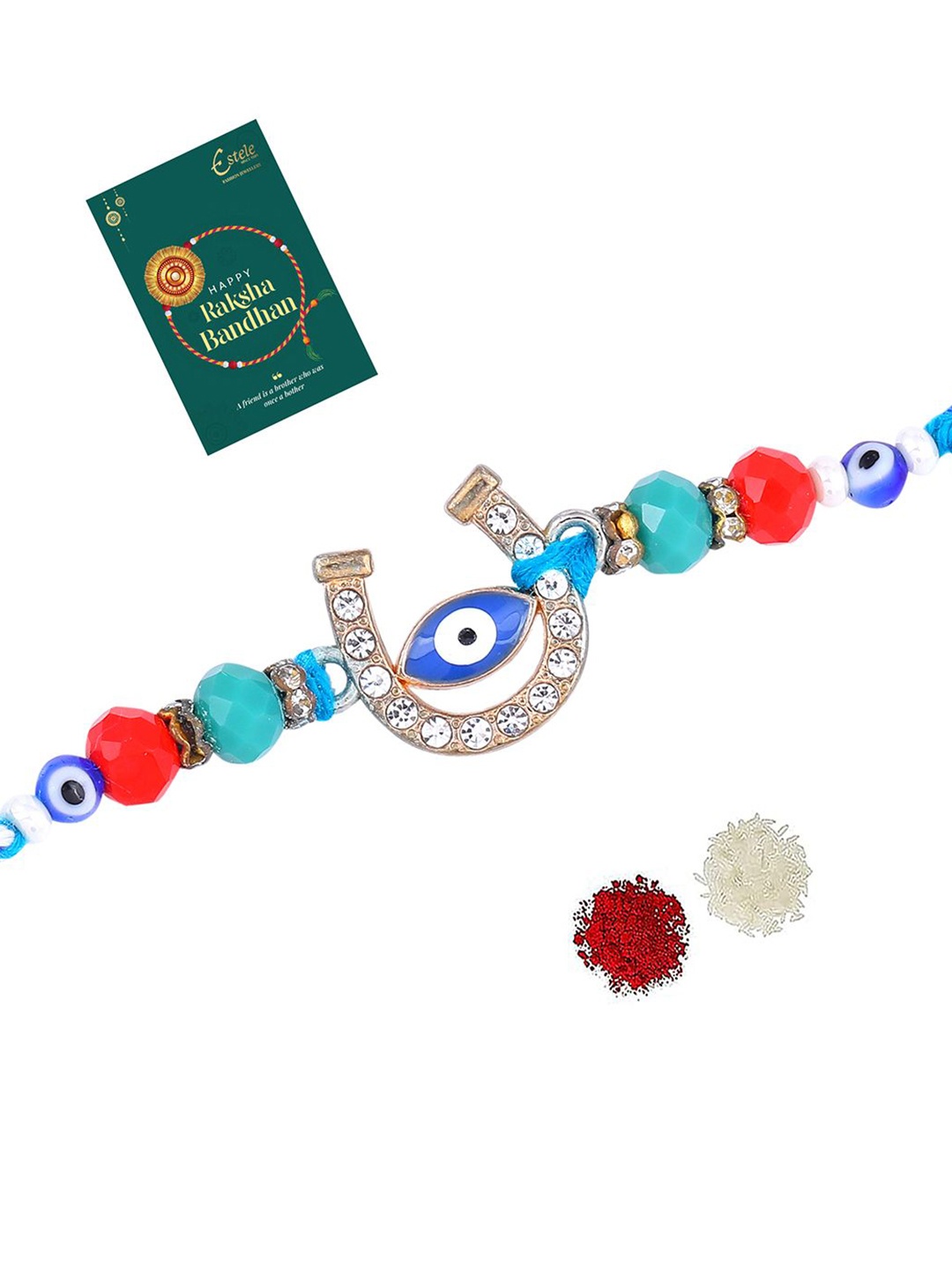 

Estele Evil-Eye Rakhi With Roli Chawal & Greeting Card, Red