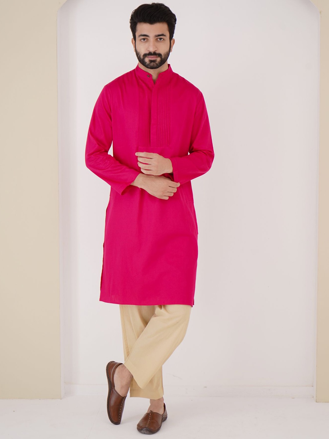 

NERO Pintuck Mandarin Collar Cotton Straight Kurta, Pink