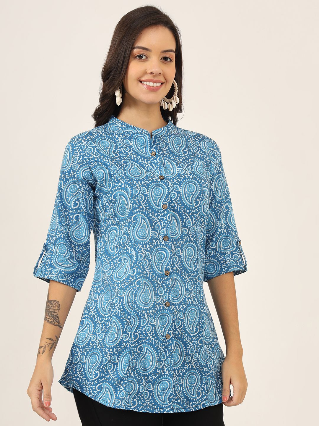 

KALINI Women Ethnic Printed Mandarin Collar Cotton Top, Blue