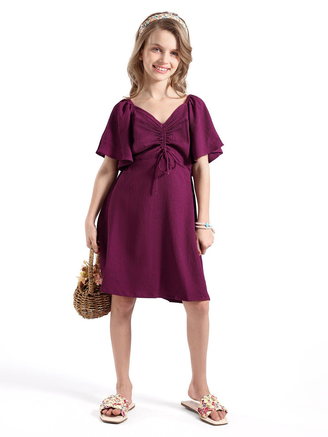 

Hola Bonita Girls Flared Sleeve Ruched A-Line Dress, Purple