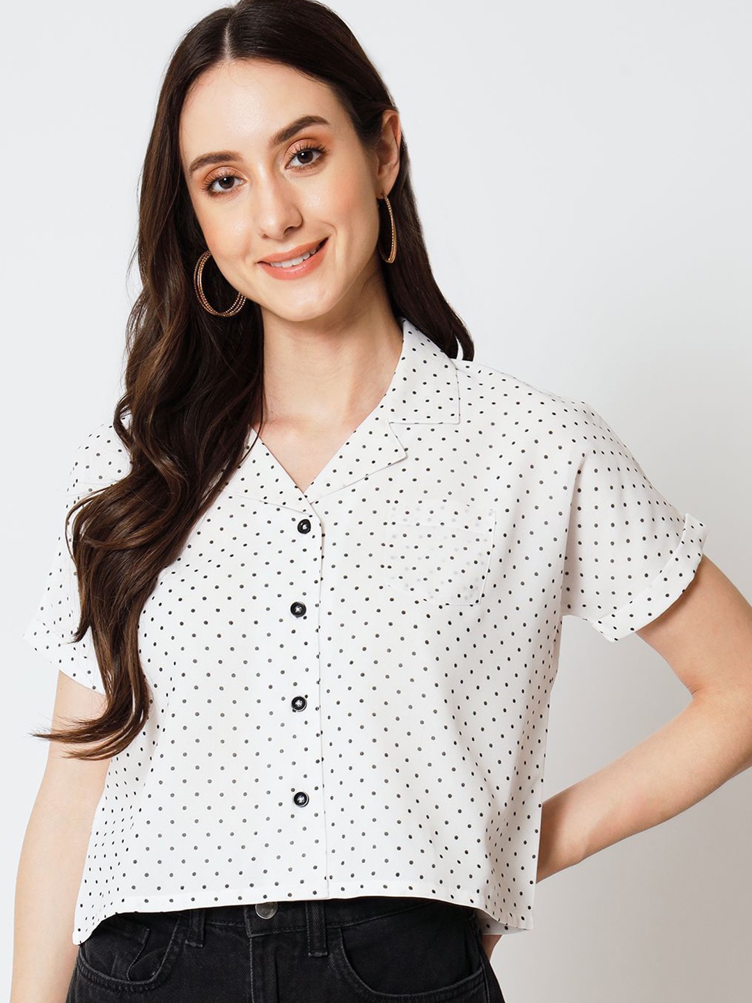 

Yaadleen Women Polka Dots Printed Lapel Collar Top, White