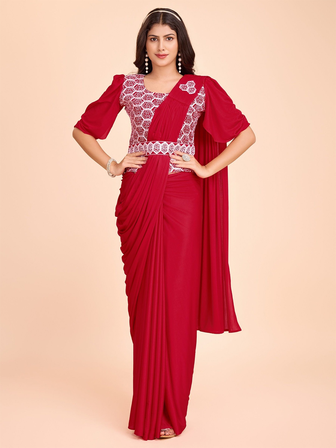 

ejoty fashion Zari Ready to Wear Belted Saree, Red
