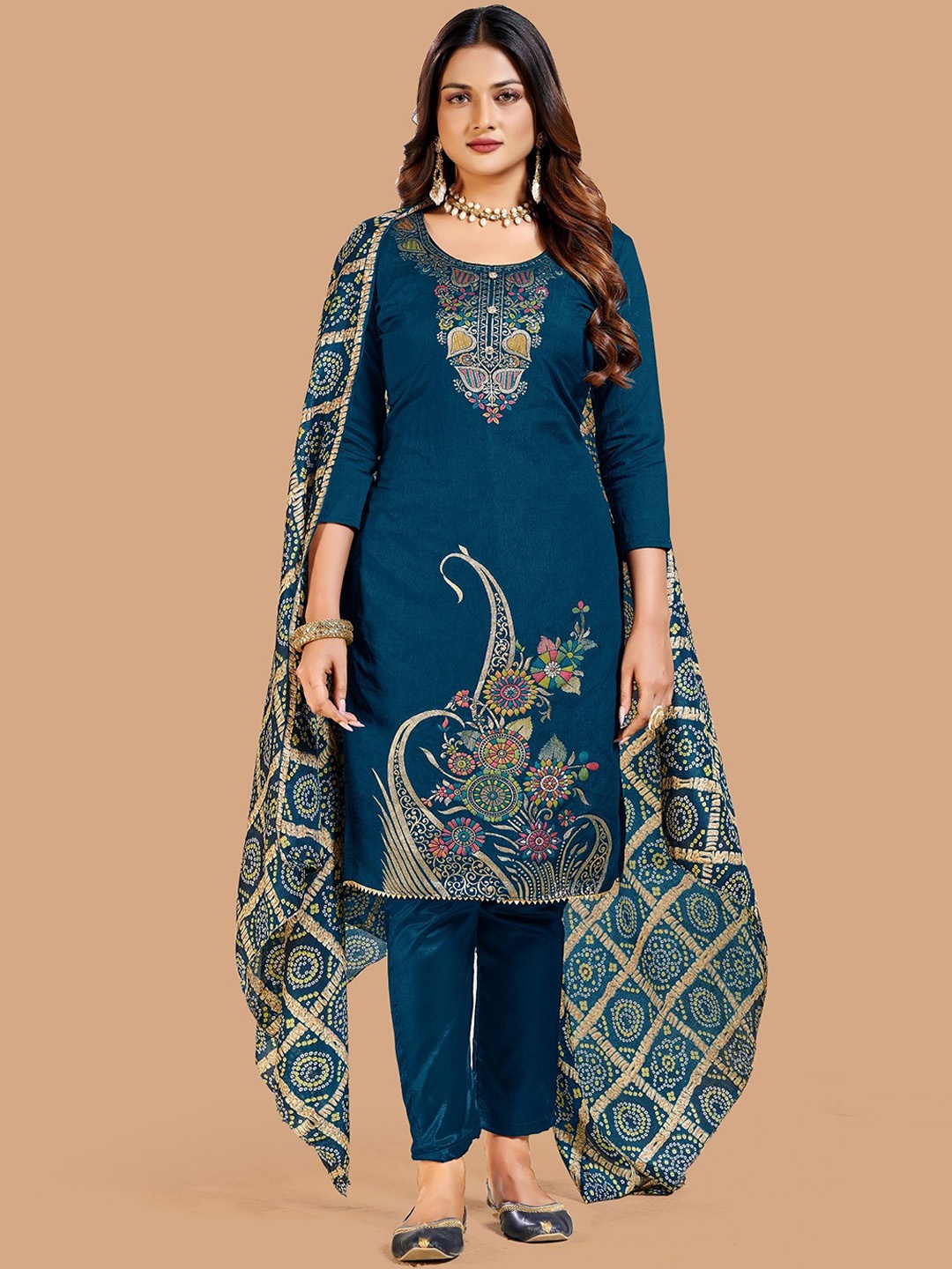 

LADY SHOPI Floral Embroidered Zari Unstitched Dress Material, Teal
