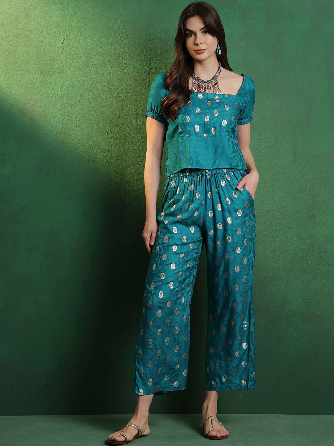 

Sangria Turquoise Blue Printed Top With Palazzo