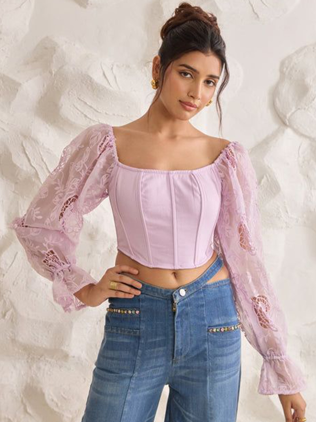 

Lea Clothing Co. Floral Embroidered Puff Sleeve Corset Crop Top, Lavender