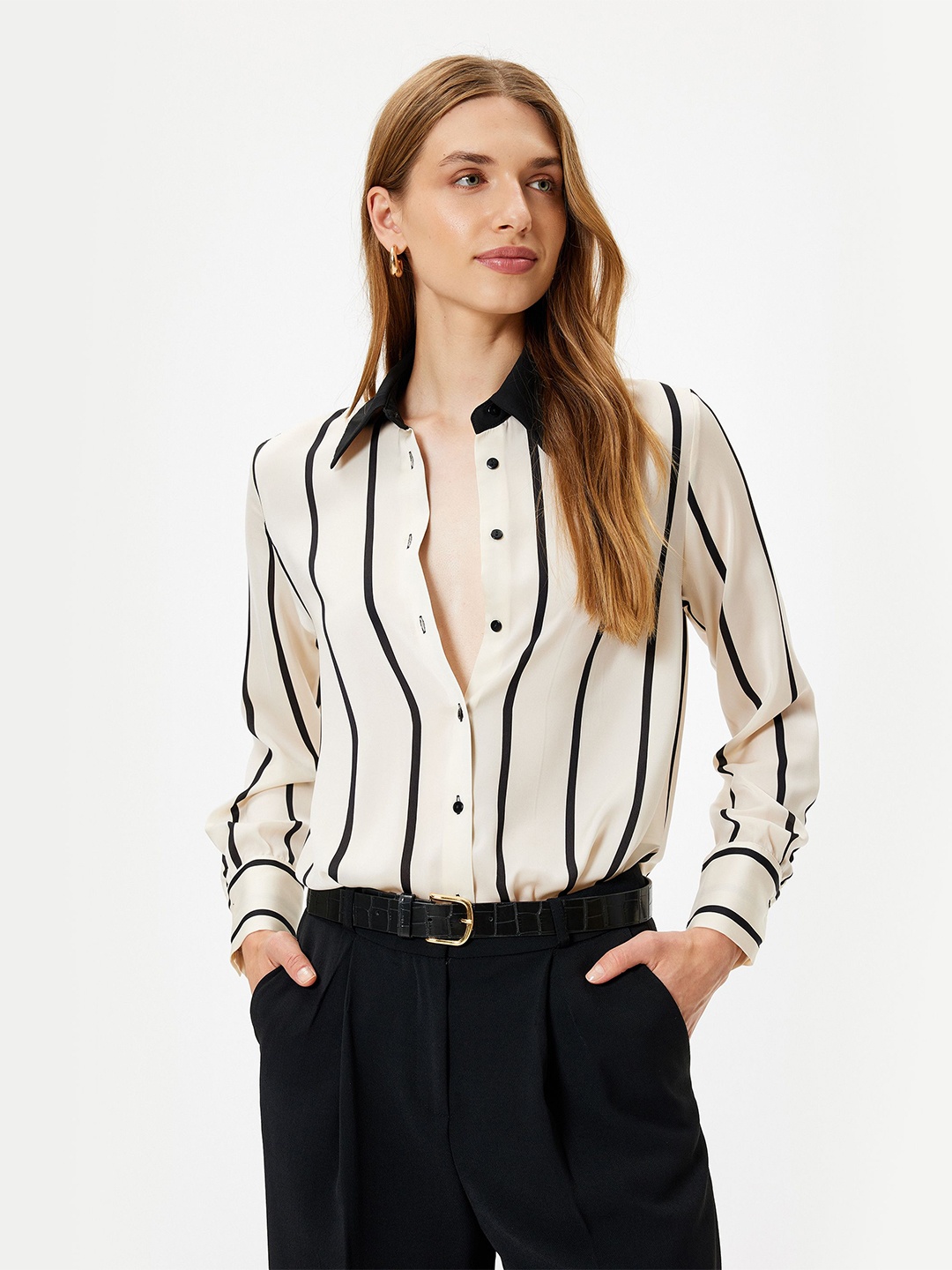 

Koton Women Spread Collar Striped Casual Shirt, White